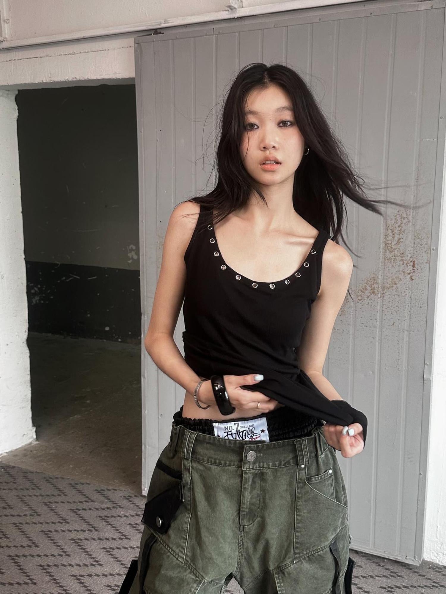 FULLTIDE Cotton Wool Blend Slim Spaghetti Strap Office Women Solid T-Shirt