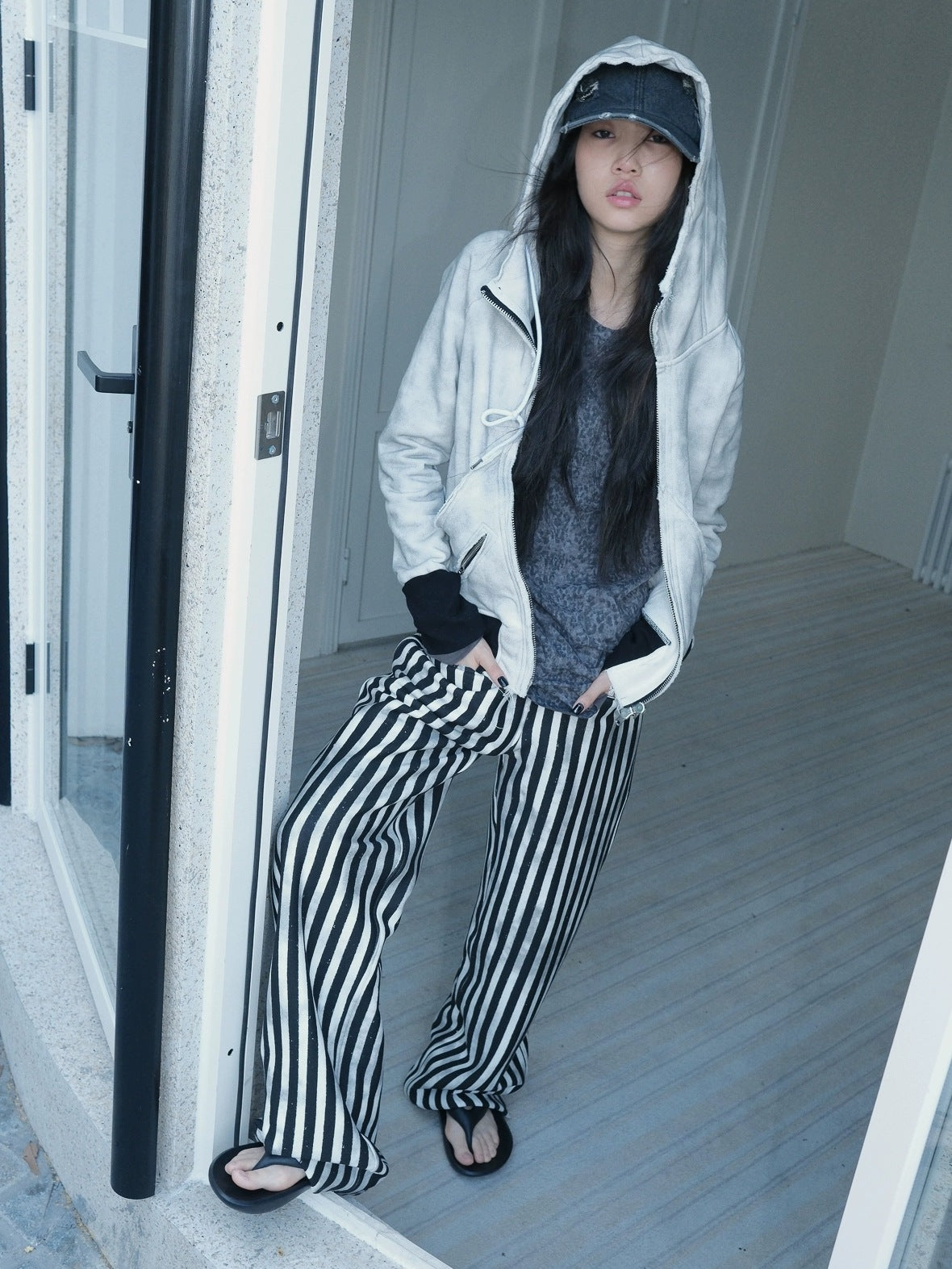 FULLTIDE Cozy Fleece Striped Half Turtleneck Street Loose Women Cotton Stretch Hoodies