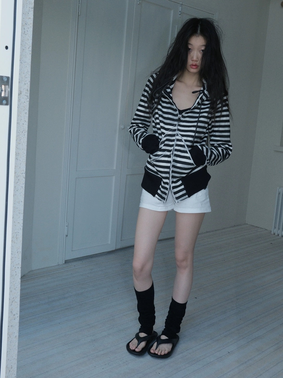 FULLTIDE Cozy Fleece Striped Half Turtleneck Street Loose Women Cotton Stretch Hoodies