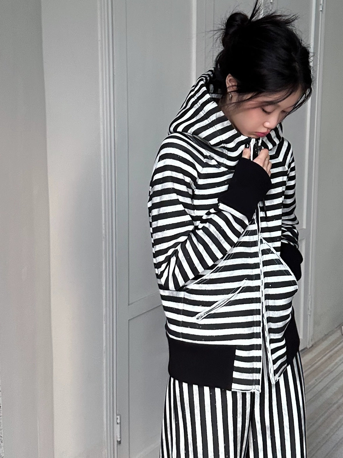 FULLTIDE Cozy Fleece Striped Half Turtleneck Street Loose Women Cotton Stretch Hoodies