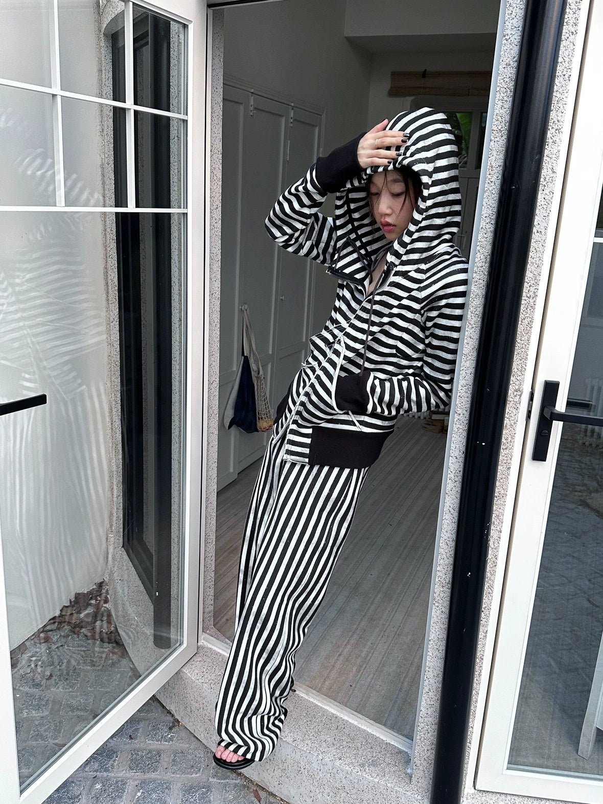 FULLTIDE Cozy Fleece Striped Half Turtleneck Street Loose Women Cotton Stretch Hoodies