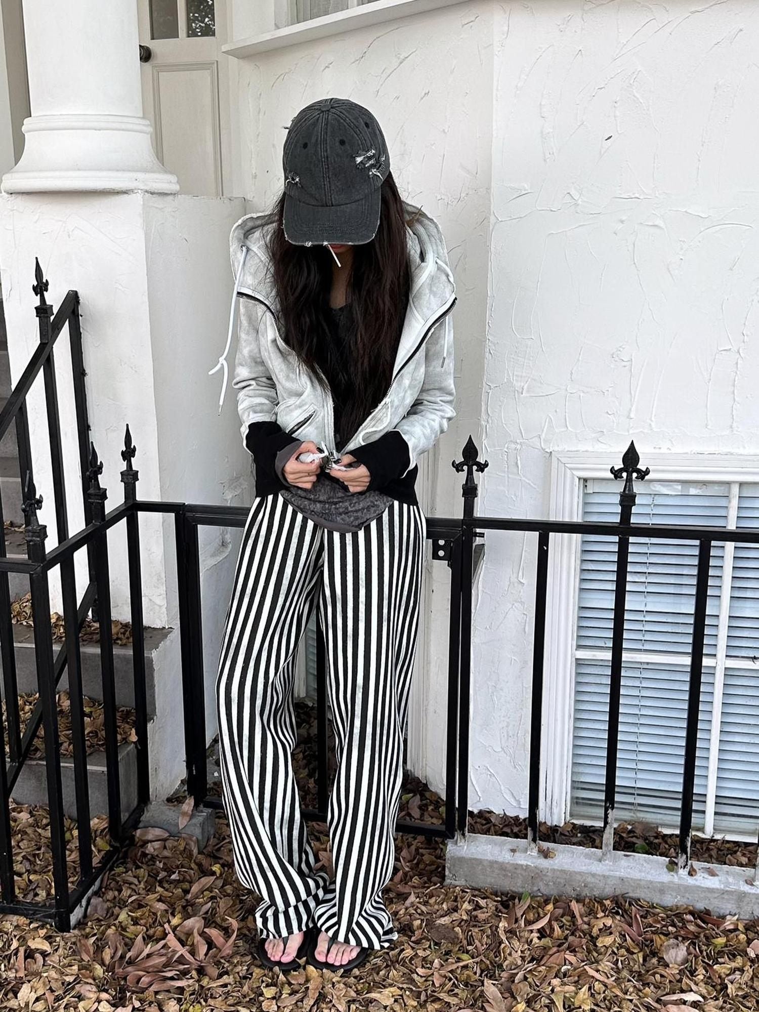 FULLTIDE Cozy Fleece Striped Half Turtleneck Street Loose Women Cotton Stretch Hoodies