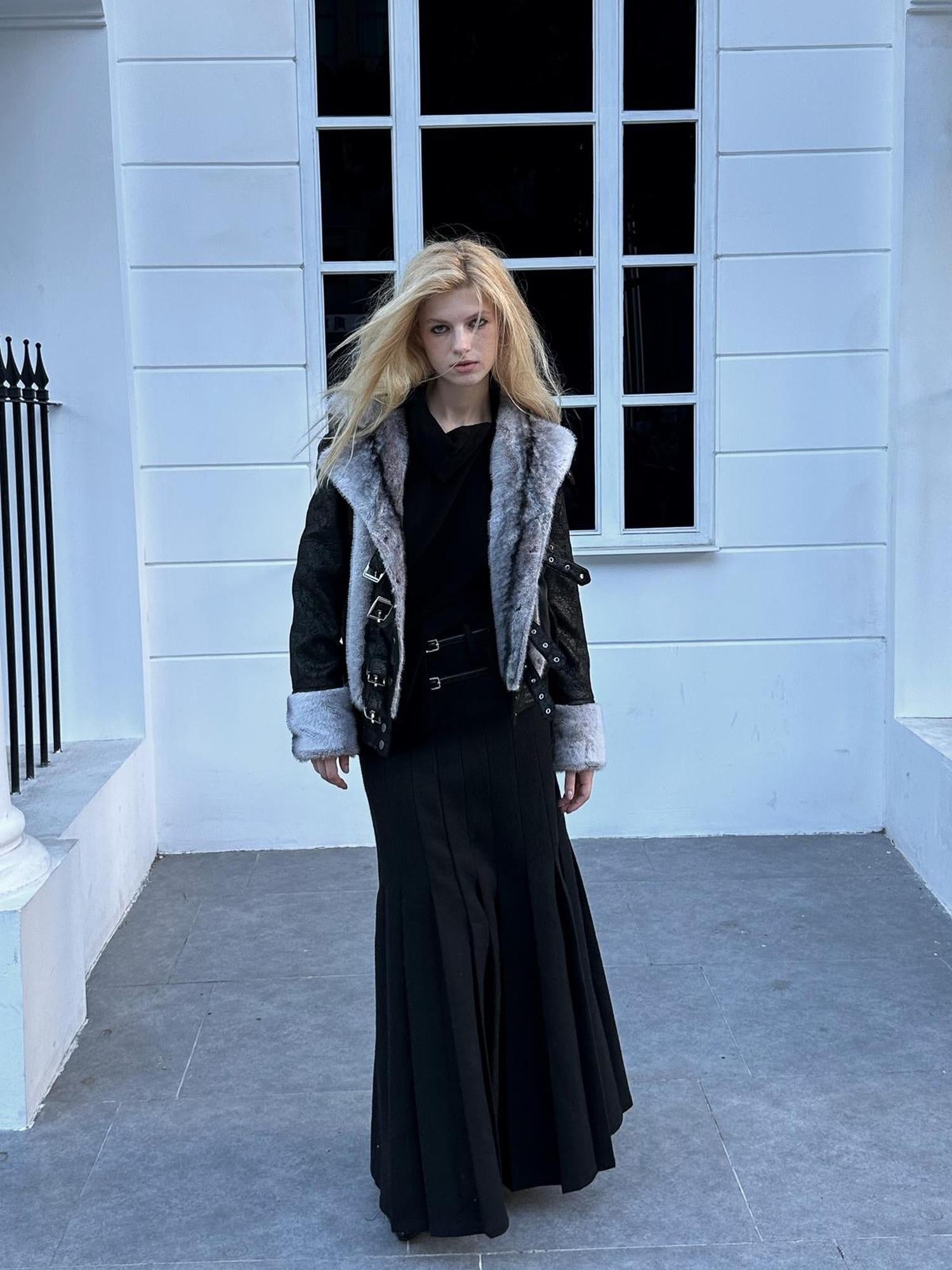 FULLTIDE Cozy Pu Faux Rabbit Fur Streetwear Lapel Straight Fit Women Silver Gray Jacket