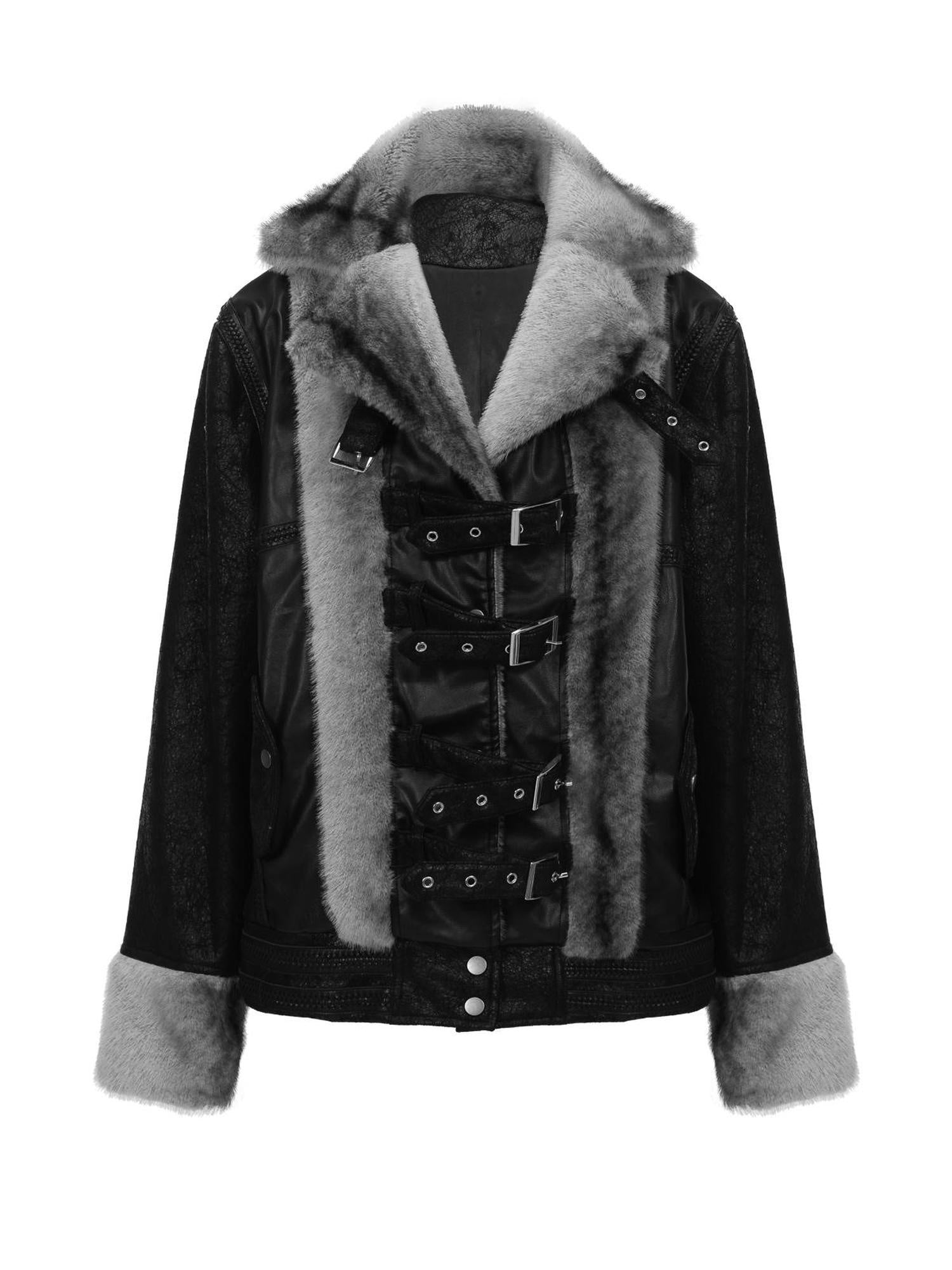 FULLTIDE Cozy Pu Faux Rabbit Fur Streetwear Lapel Straight Fit Women Silver Gray Jacket