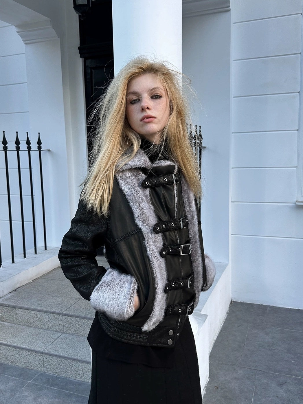 FULLTIDE Cozy Pu Faux Rabbit Fur Streetwear Lapel Straight Fit Women Silver Gray Jacket