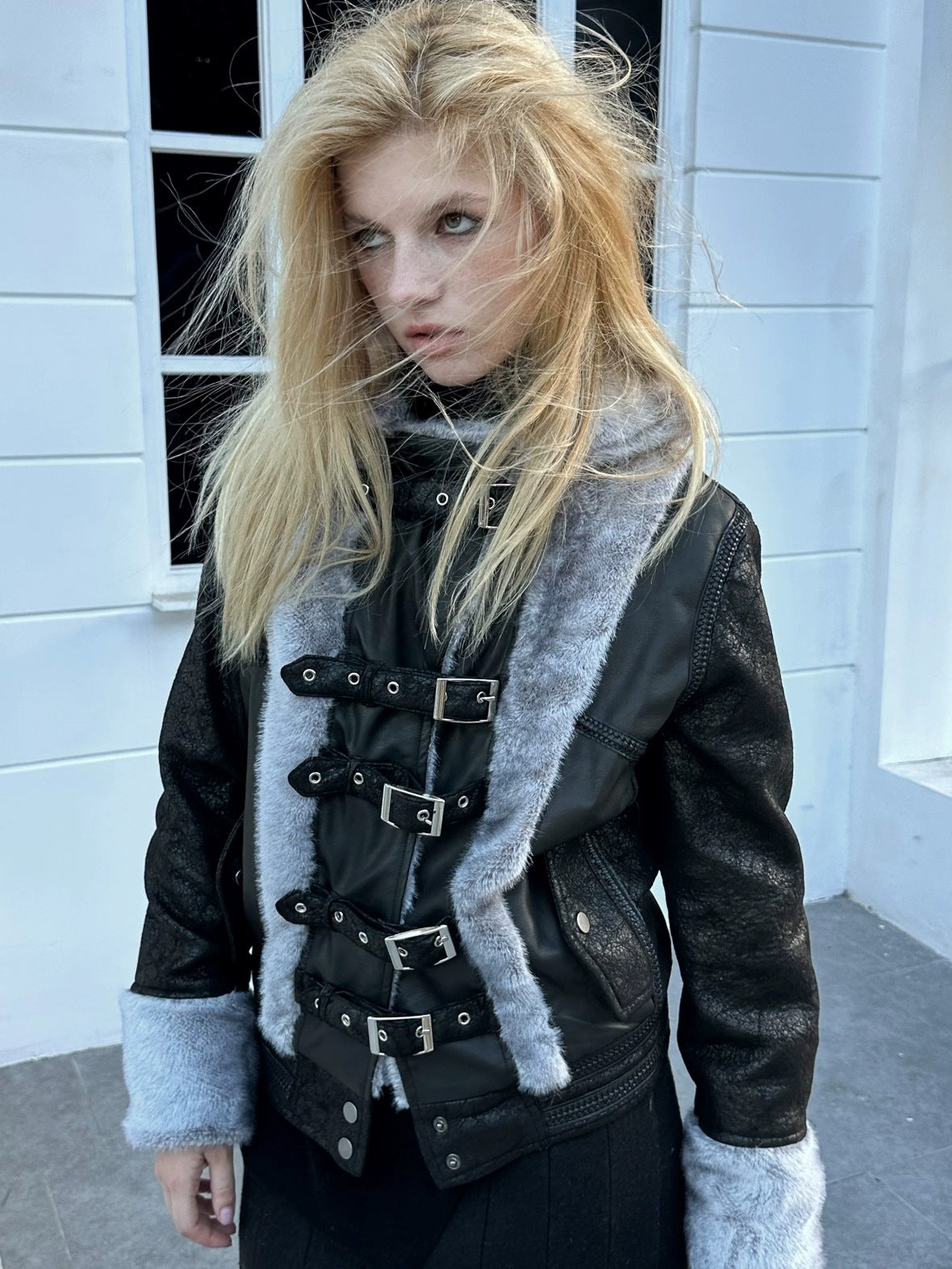 FULLTIDE Cozy Pu Faux Rabbit Fur Streetwear Lapel Straight Fit Women Silver Gray Jacket