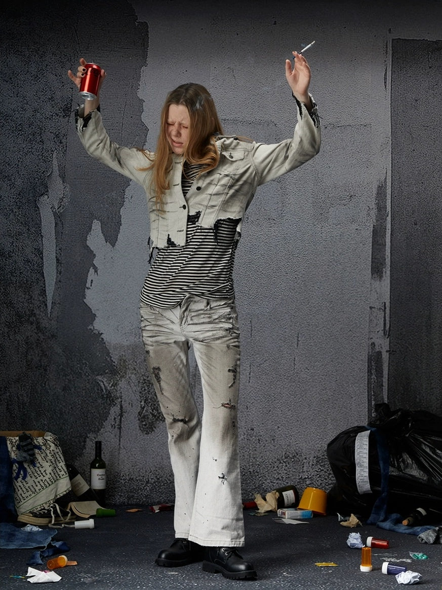 FULLTIDE Cropped High Waist Commuter Polo Collar Button Ripped Women Denim Cotton Jacket