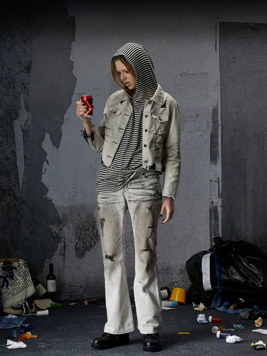 FULLTIDE Cropped High Waist Commuter Polo Collar Button Ripped Women Denim Cotton Jacket