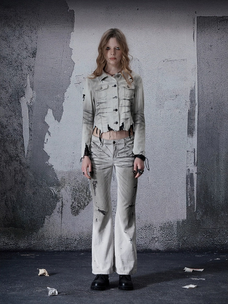 FULLTIDE Cropped High Waist Commuter Polo Collar Button Ripped Women Denim Cotton Jacket