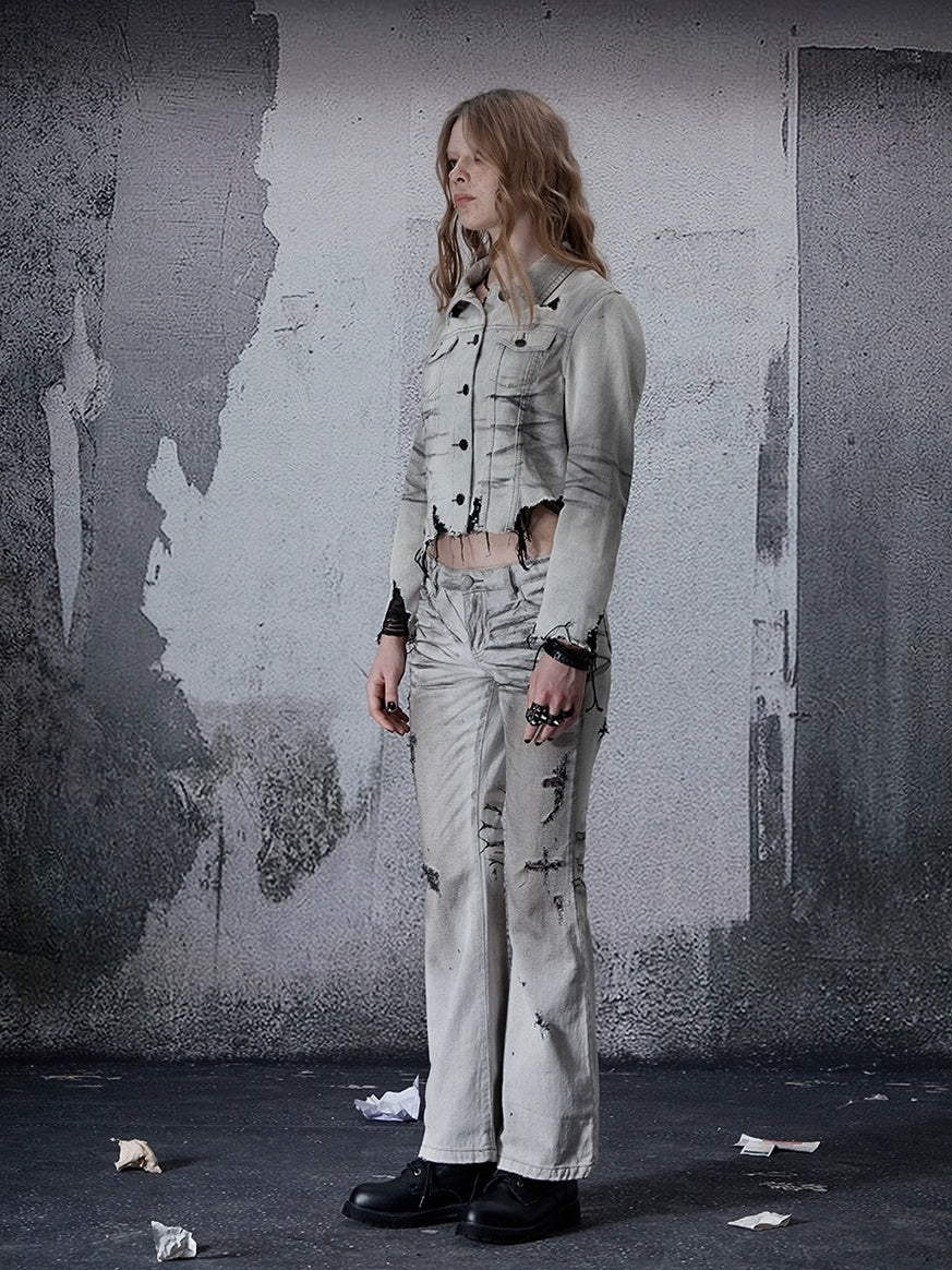 FULLTIDE Cropped High Waist Commuter Polo Collar Button Ripped Women Denim Cotton Jacket