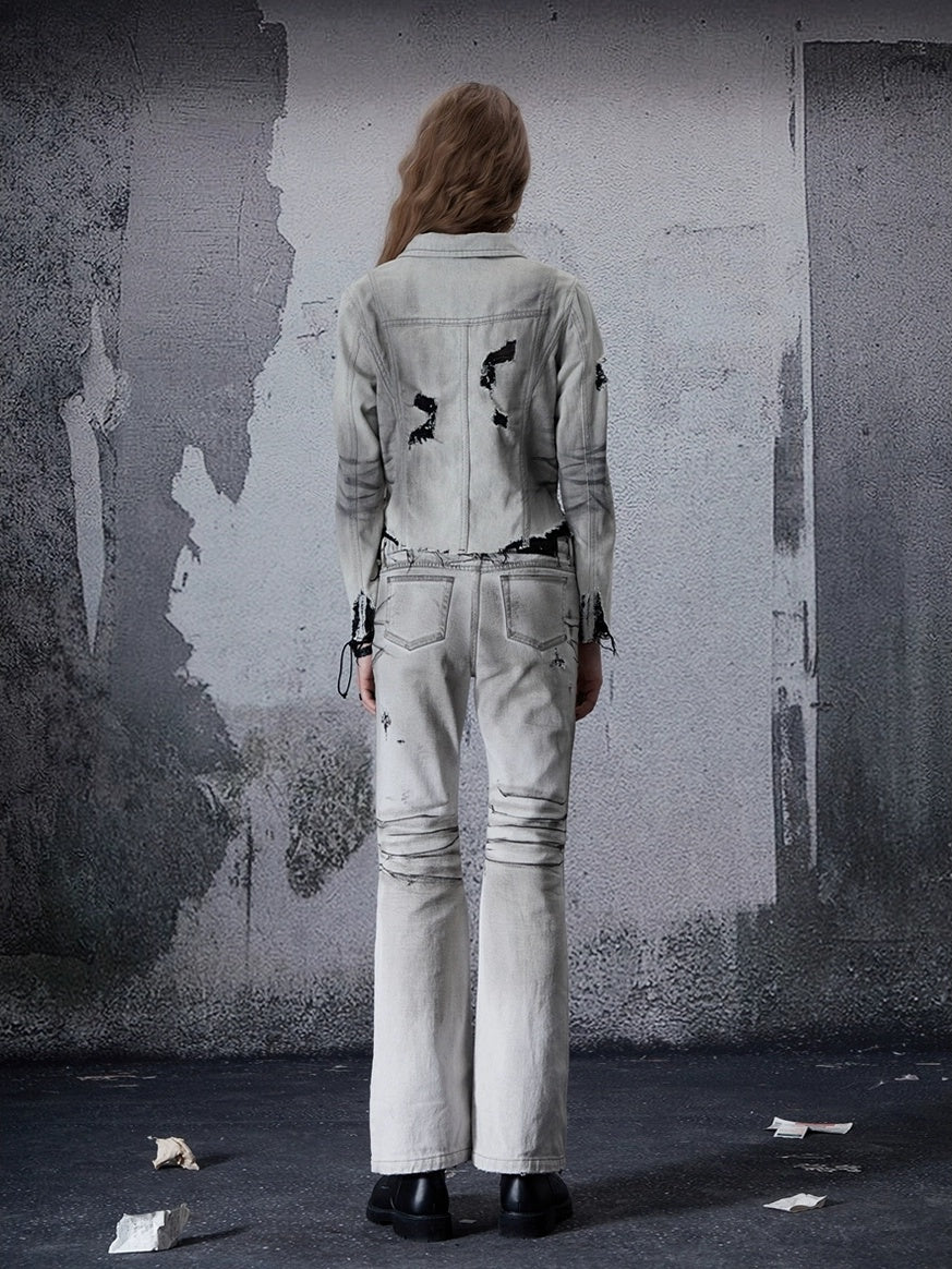 FULLTIDE Cropped High Waist Commuter Polo Collar Button Ripped Women Denim Cotton Jacket