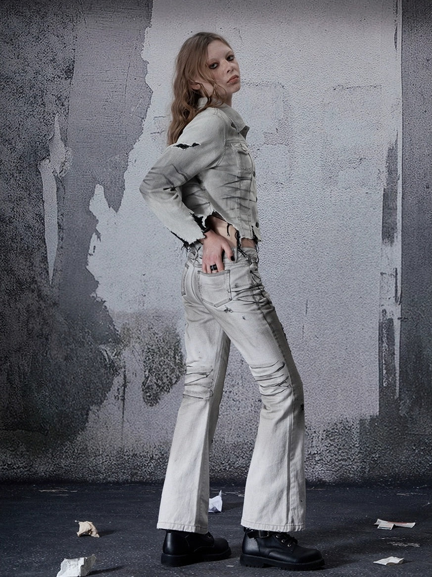 FULLTIDE Cropped High Waist Commuter Polo Collar Button Ripped Women Denim Cotton Jacket