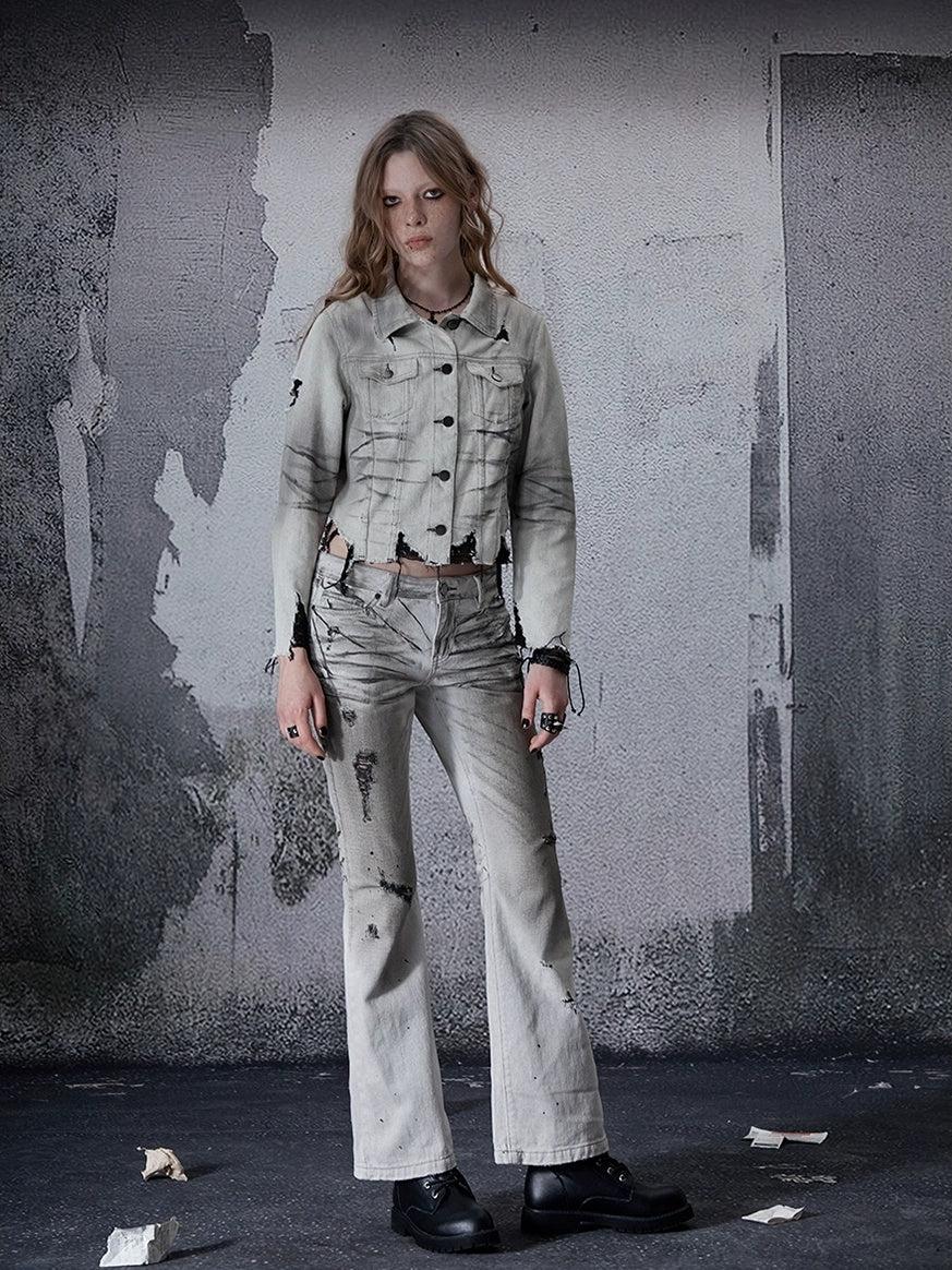 FULLTIDE Cropped High Waist Commuter Polo Collar Button Ripped Women Denim Cotton Jacket