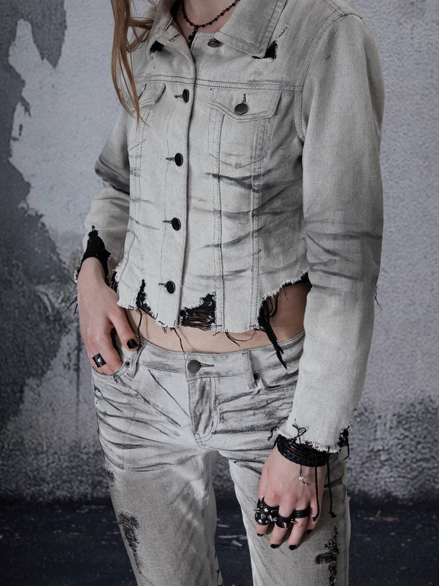 FULLTIDE Cropped High Waist Commuter Polo Collar Button Ripped Women Denim Cotton Jacket