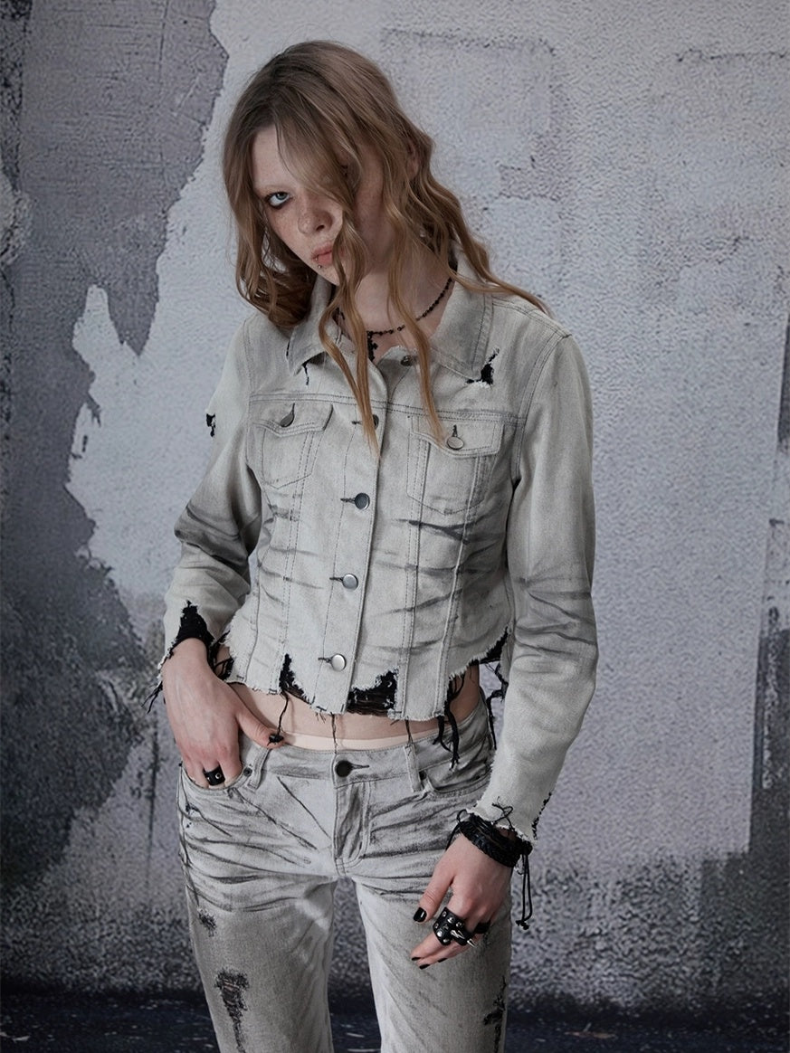 FULLTIDE Cropped High Waist Commuter Polo Collar Button Ripped Women Denim Cotton Jacket