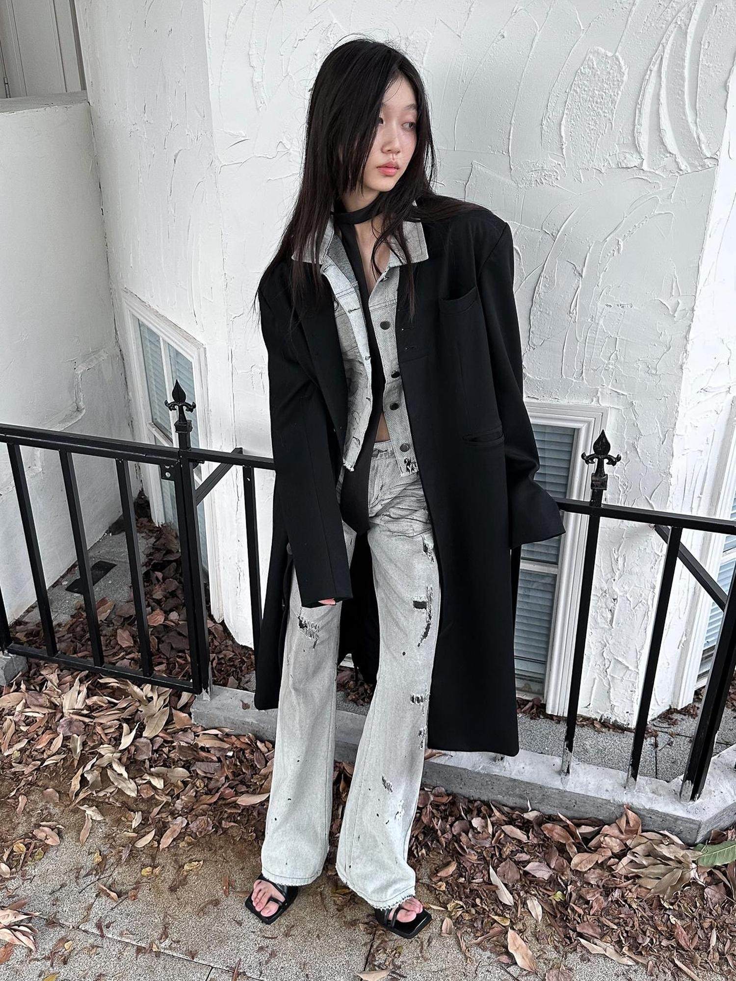 FULLTIDE Cropped High Waist Commuter Polo Collar Button Ripped Women Denim Cotton Jacket