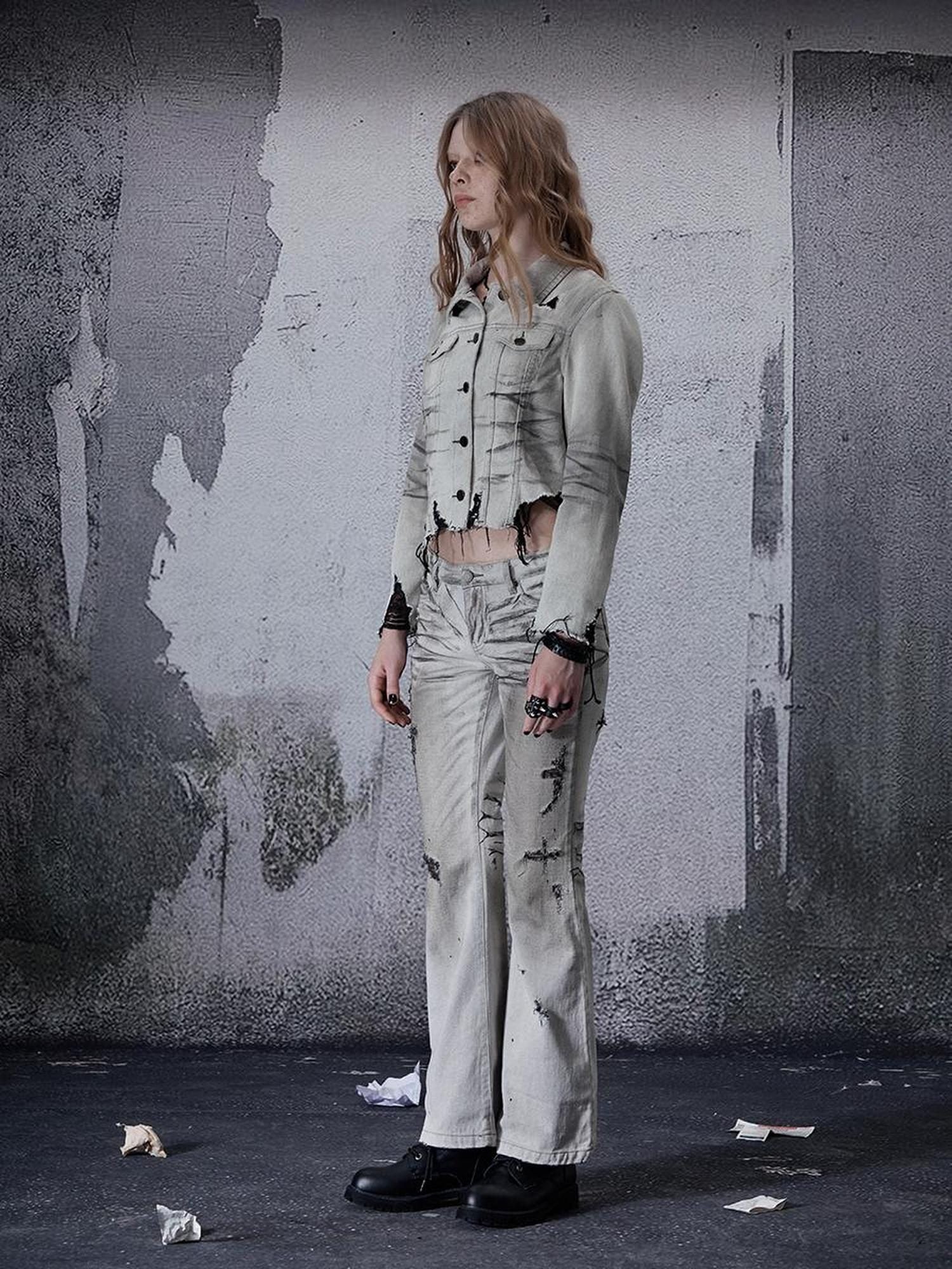 FULLTIDE Cropped High Waist Commuter Polo Collar Button Ripped Women Denim Cotton Jacket