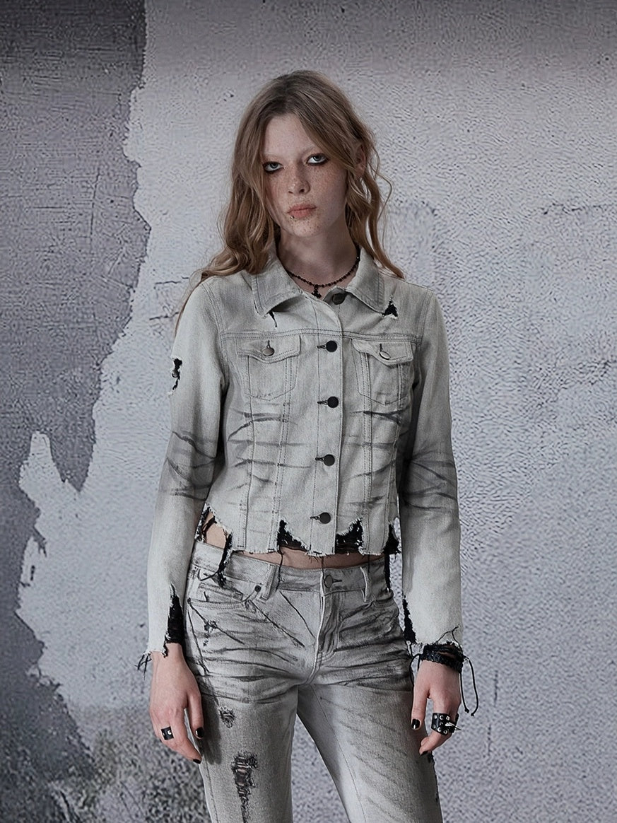 FULLTIDE Cropped High Waist Commuter Polo Collar Button Ripped Women Denim Cotton Jacket