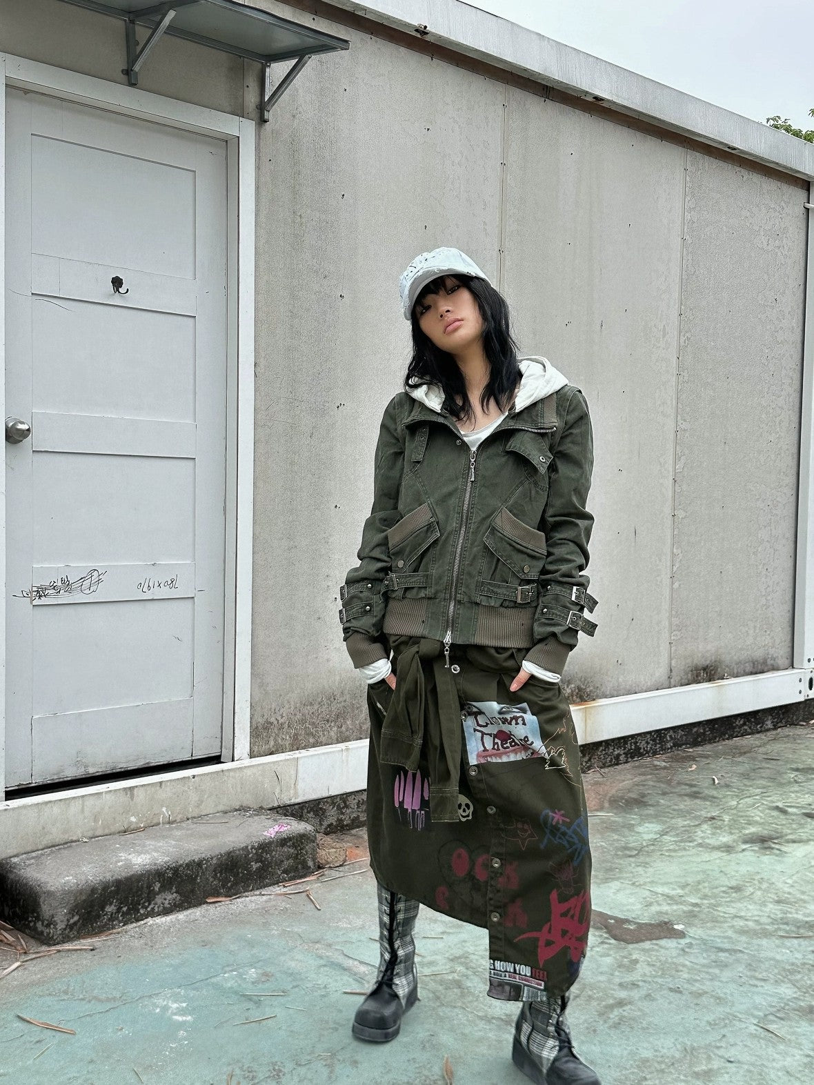 FULLTIDE Detachable Hood Cotton Denim Loose Fit Street Style Women Khaki Olive Jacket