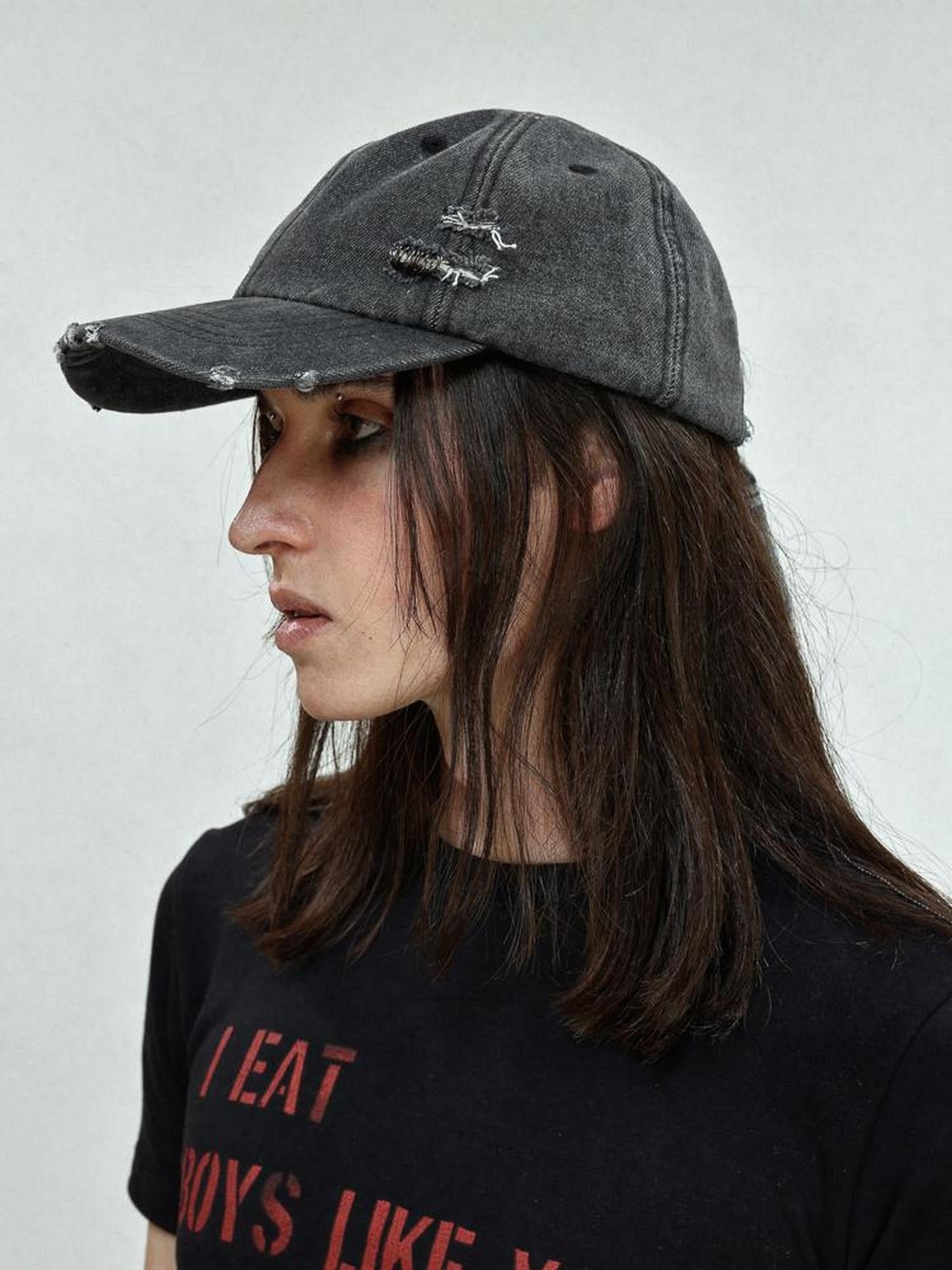 FULLTIDE Distressed Cotton Denim Casual Wide Brim Unisex Street Grey Blue Plaid Hat