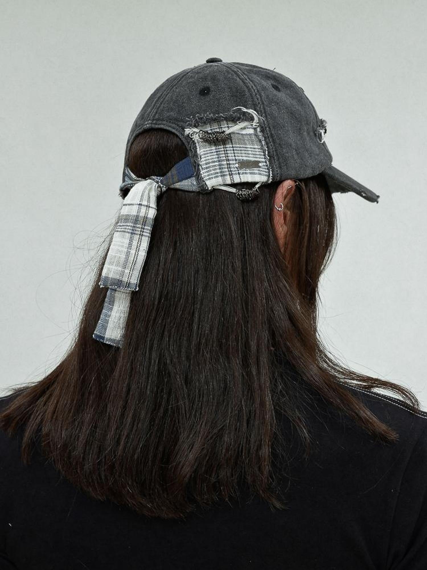 FULLTIDE Distressed Cotton Denim Casual Wide Brim Unisex Street Grey Blue Plaid Hat