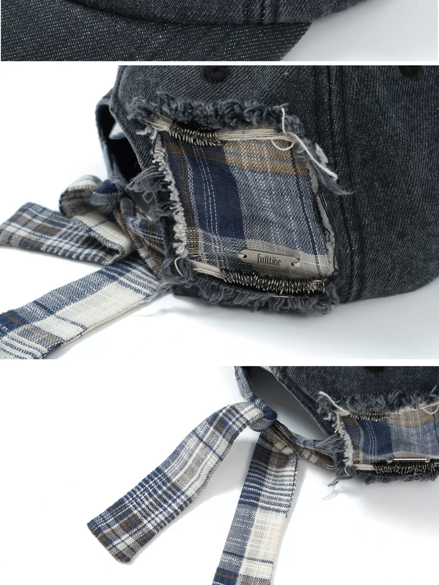 FULLTIDE Distressed Cotton Denim Casual Wide Brim Unisex Street Grey Blue Plaid Hat