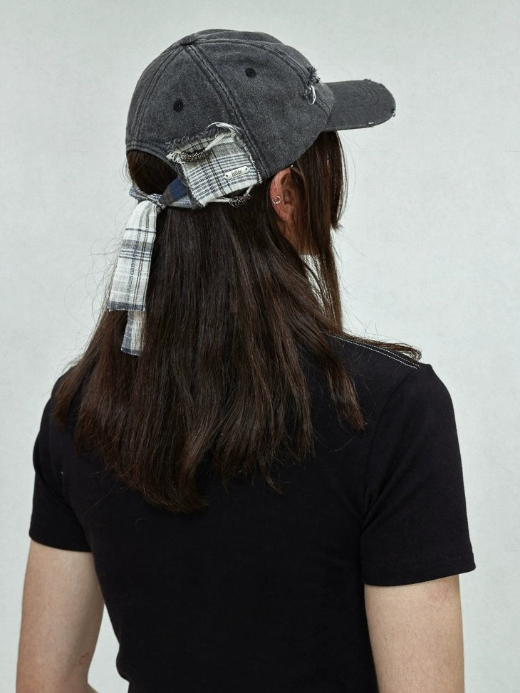 FULLTIDE Distressed Cotton Denim Casual Wide Brim Unisex Street Grey Blue Plaid Hat