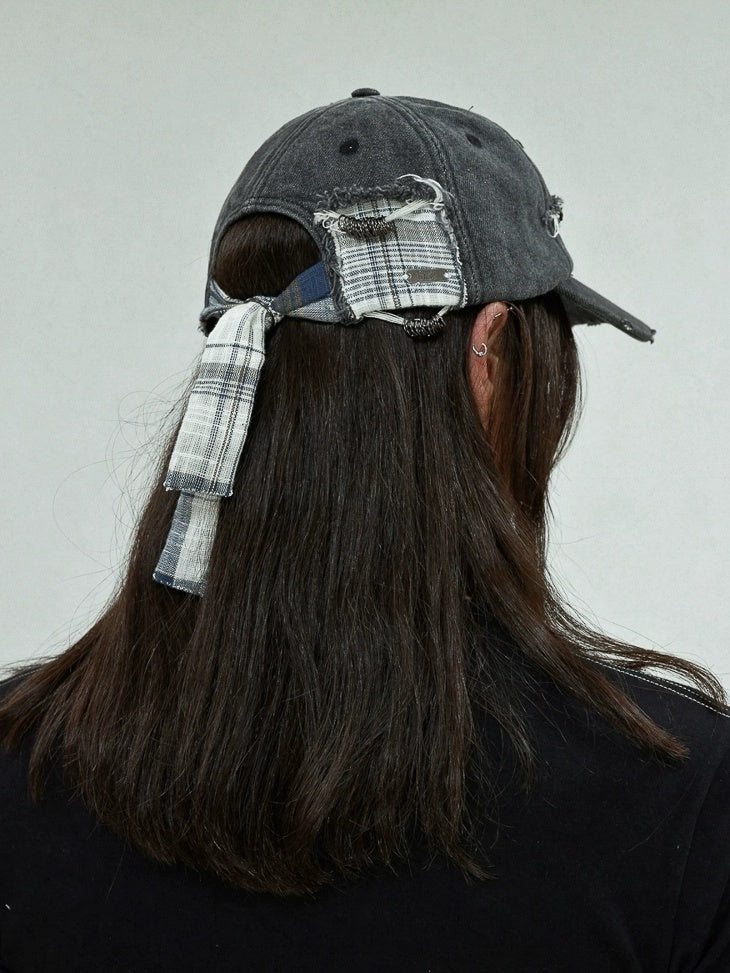 FULLTIDE Distressed Cotton Denim Casual Wide Brim Unisex Street Grey Blue Plaid Hat