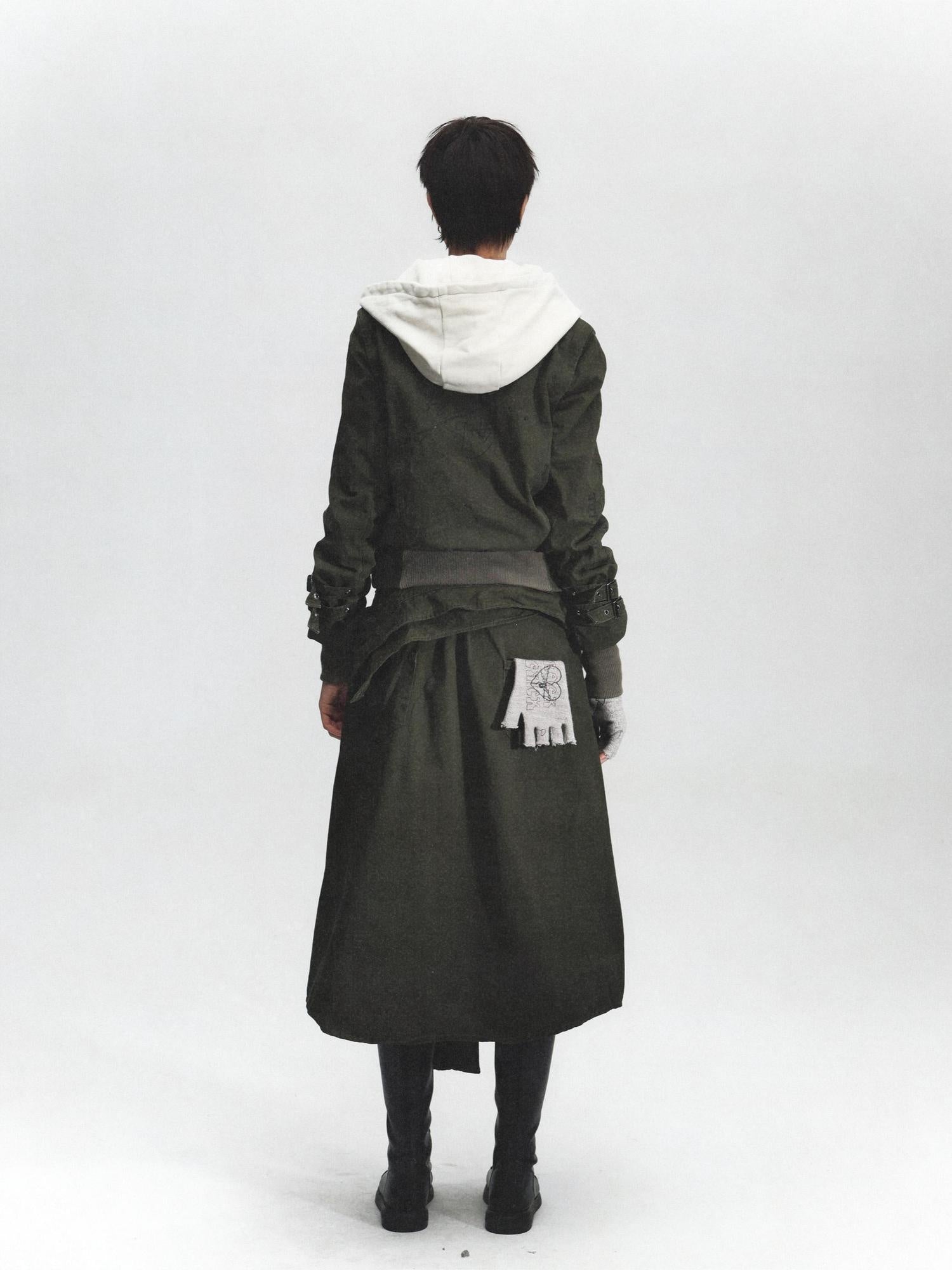 FULLTIDE Distressed Cotton Mid Waist Straight Street Style Deep Green Solid Midi Skirt