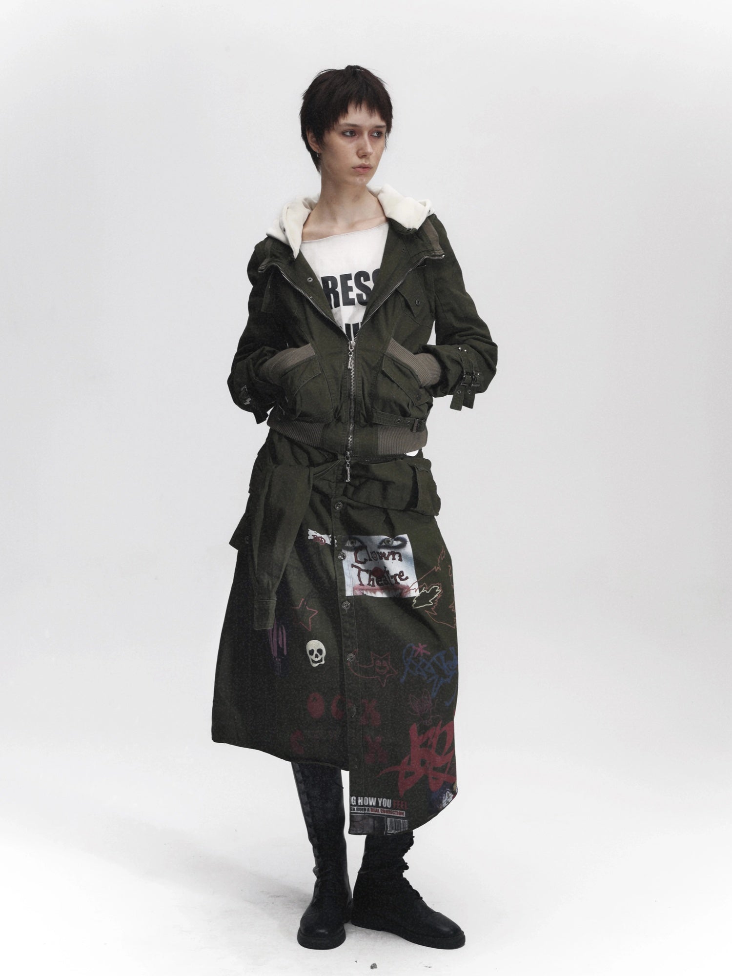 FULLTIDE Distressed Cotton Mid Waist Straight Street Style Deep Green Solid Midi Skirt