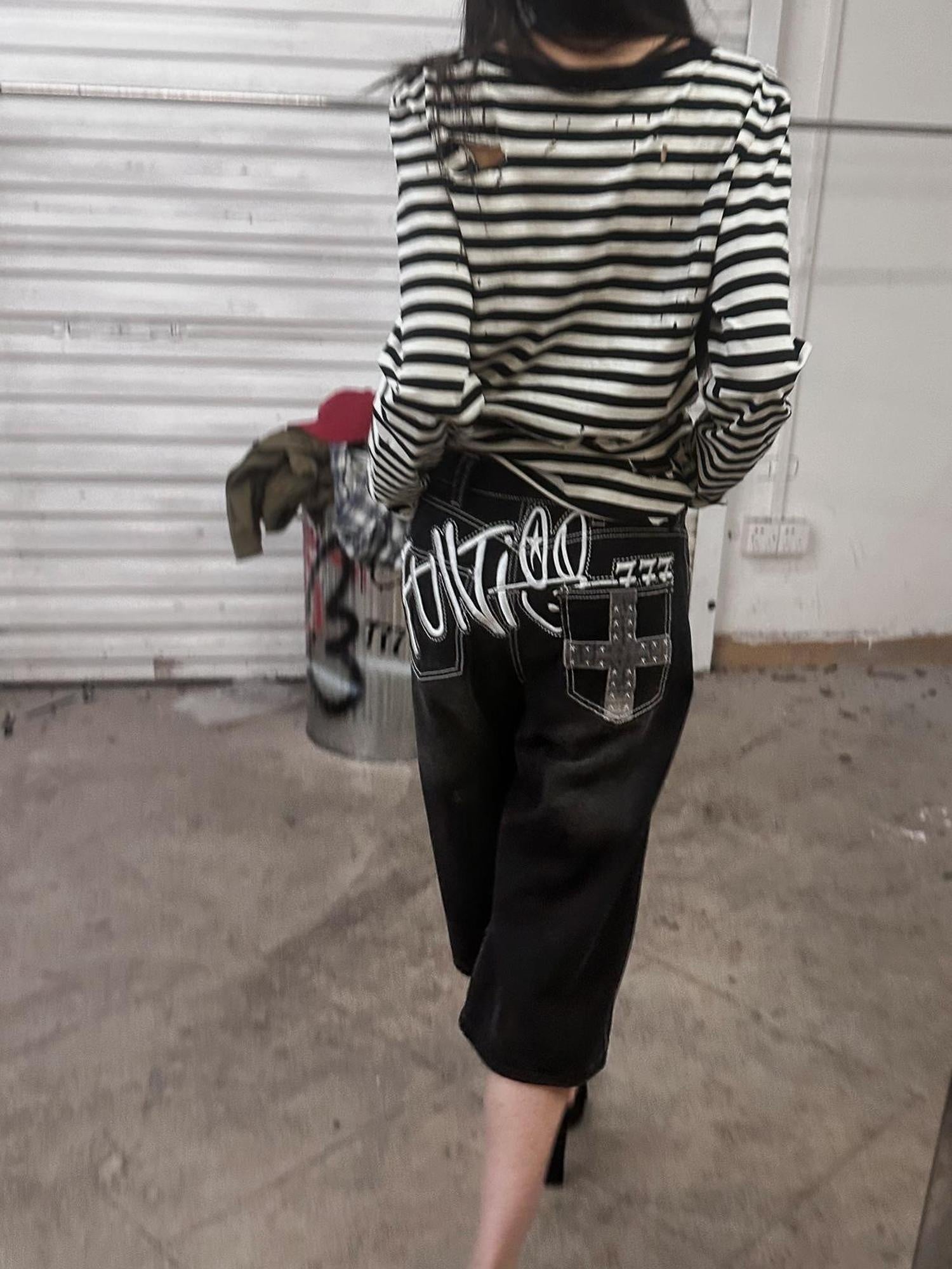 FULLTIDE Distressed Minimal Straight Low Rise Non Stretch Unisex Black Gray Denim Jeans