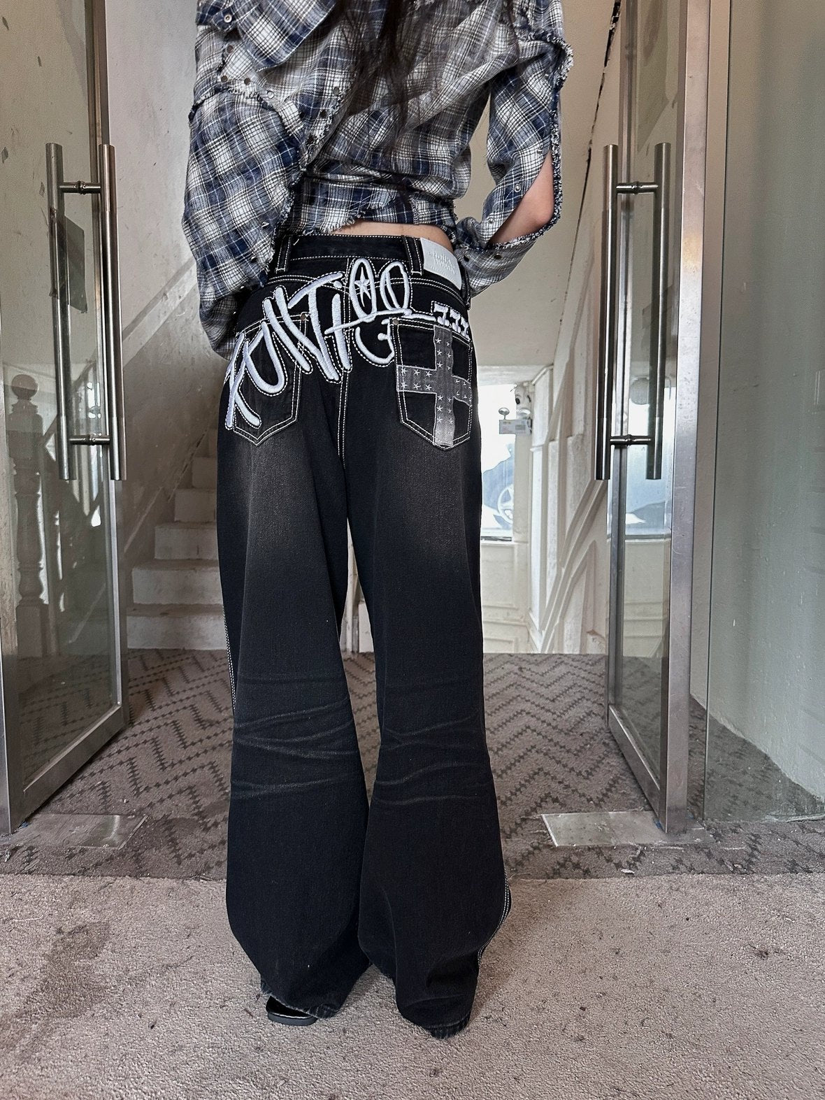 FULLTIDE Distressed Minimal Straight Low Rise Non Stretch Unisex Black Gray Denim Jeans