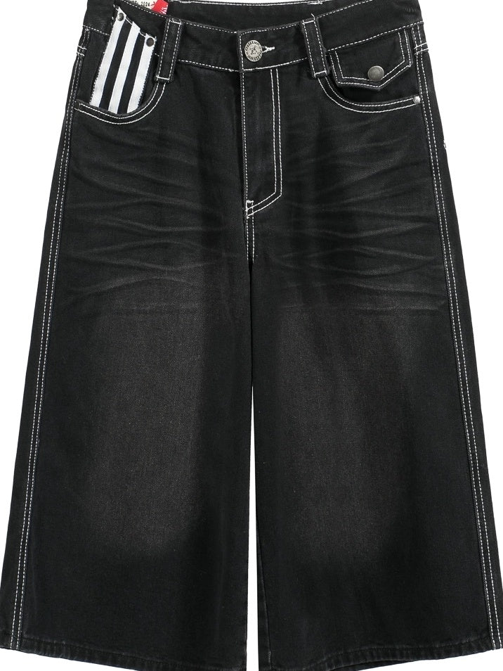 FULLTIDE Distressed Minimal Straight Low Rise Non Stretch Unisex Black Gray Denim Jeans