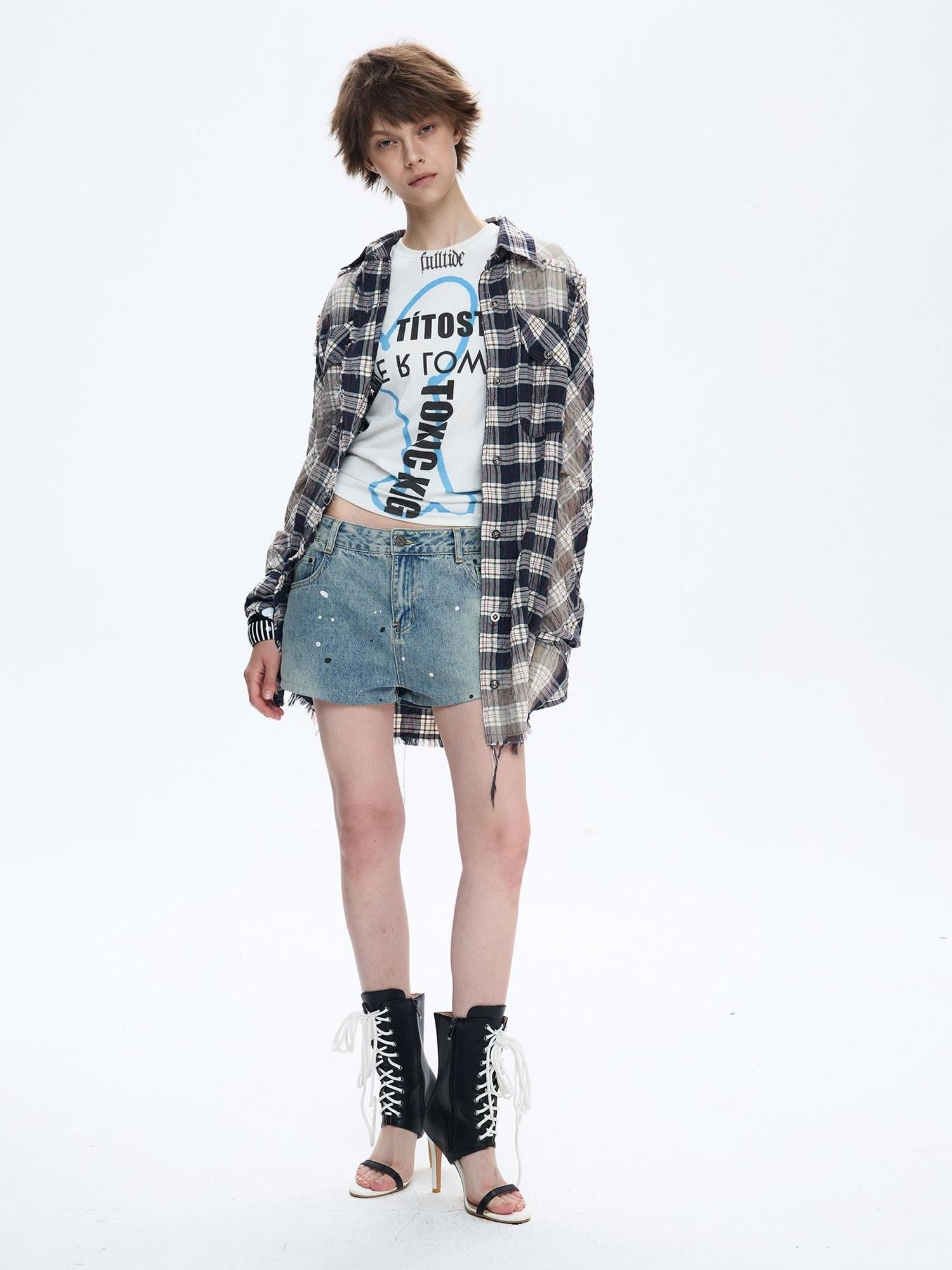 FULLTIDE Distressed Plaid Ruched Sleeves Slim Fit Women&