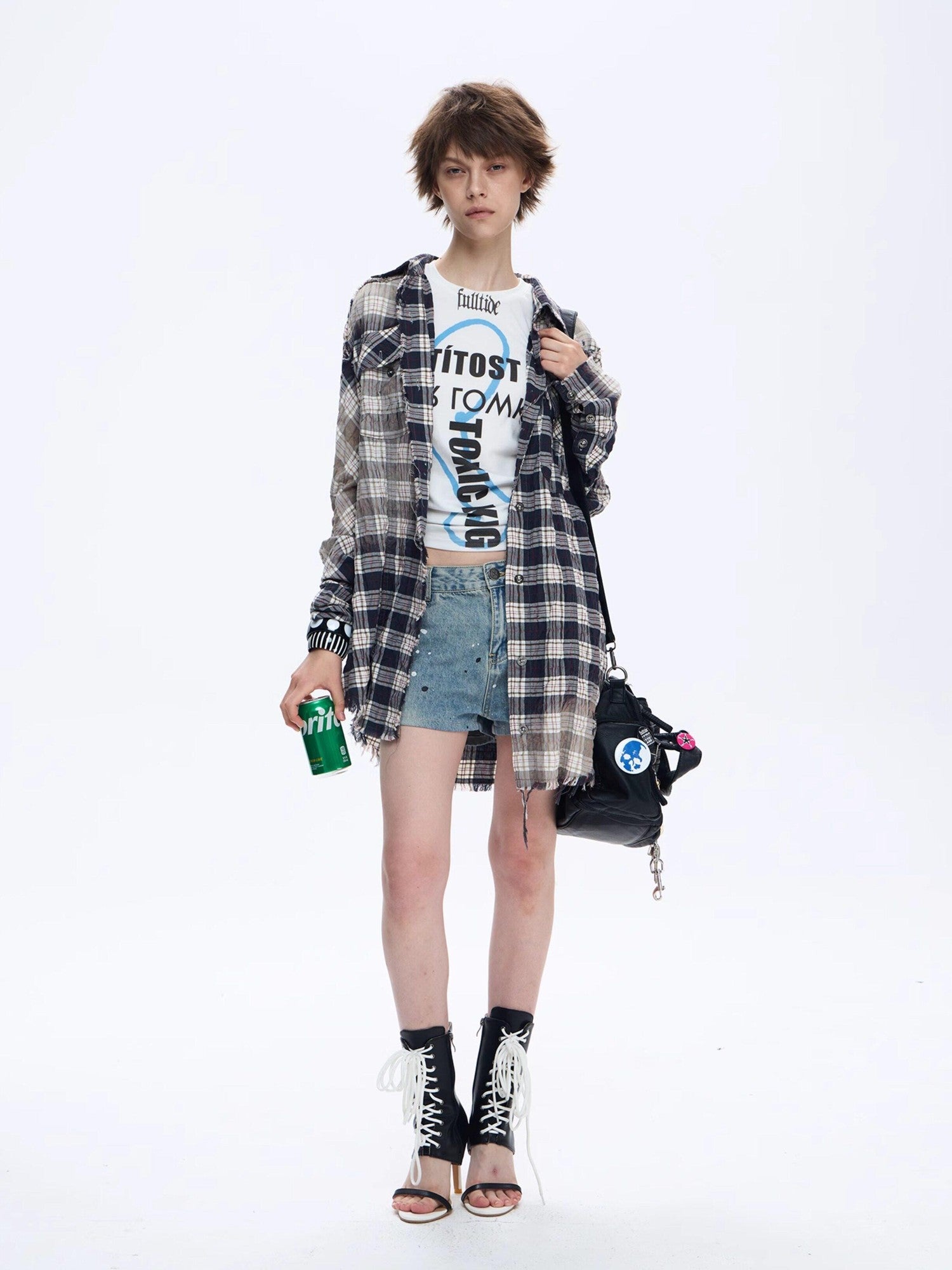 FULLTIDE Distressed Plaid Ruched Sleeves Slim Fit Women&