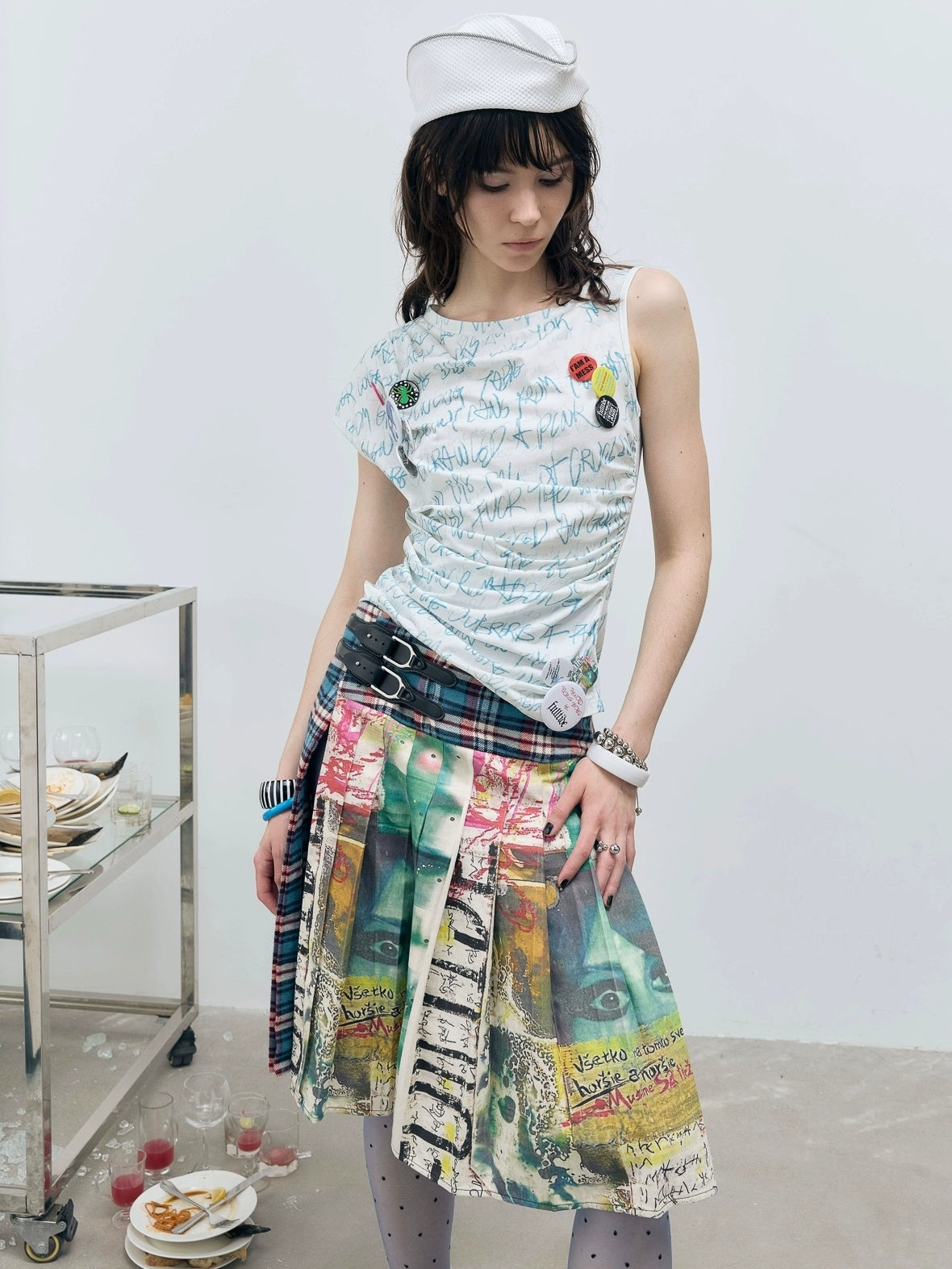 FULLTIDE Distressed Pleated Asymmetric Aline Low Waist Women Navy Plaid Cotton Midi Skirt