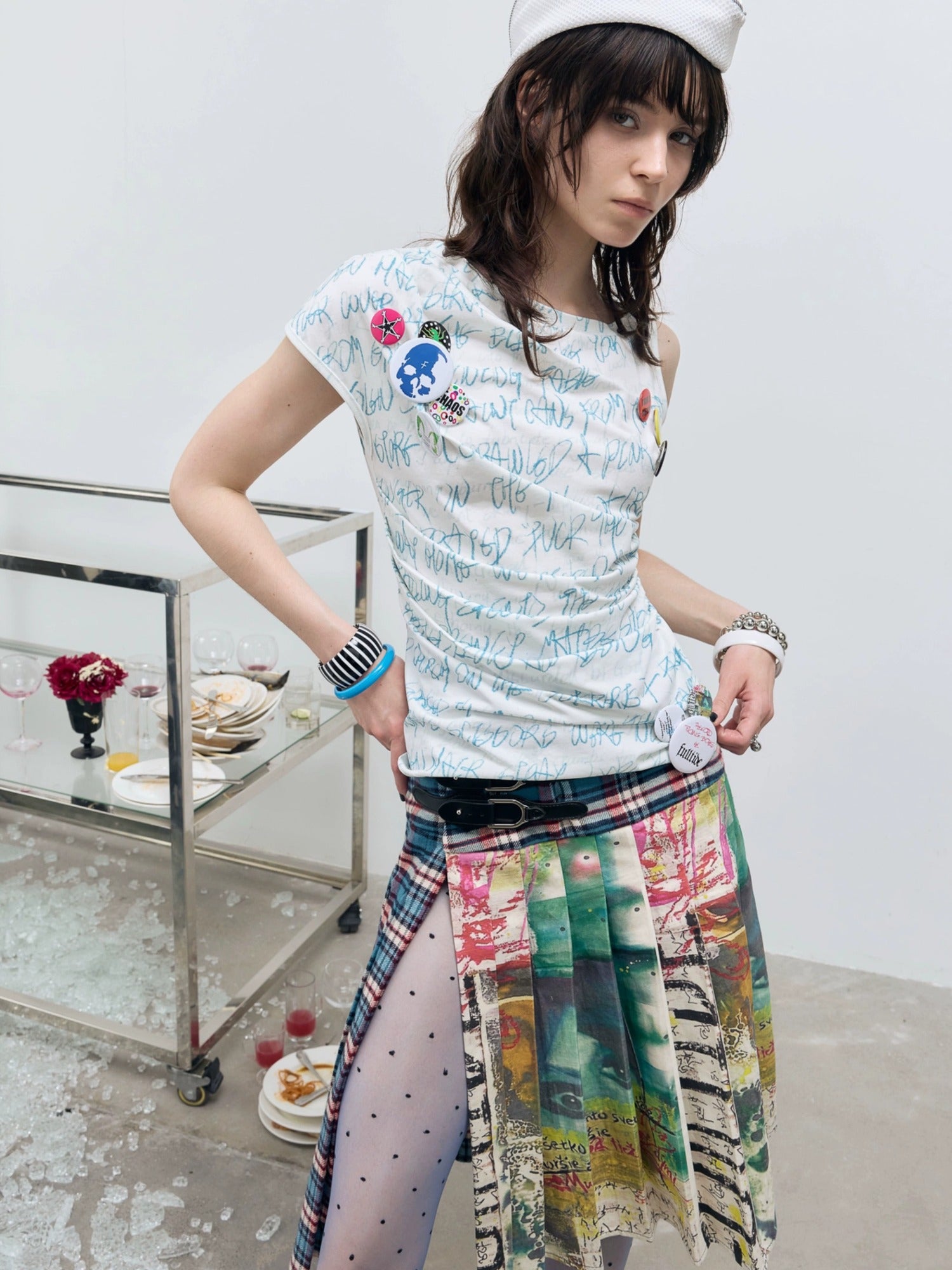 FULLTIDE Distressed Pleated Asymmetric Aline Low Waist Women Navy Plaid Cotton Midi Skirt