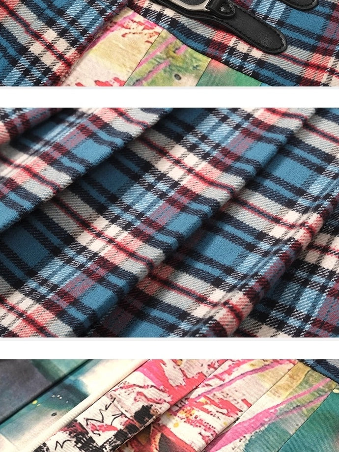 FULLTIDE Distressed Pleated Asymmetric Aline Low Waist Women Navy Plaid Cotton Midi Skirt