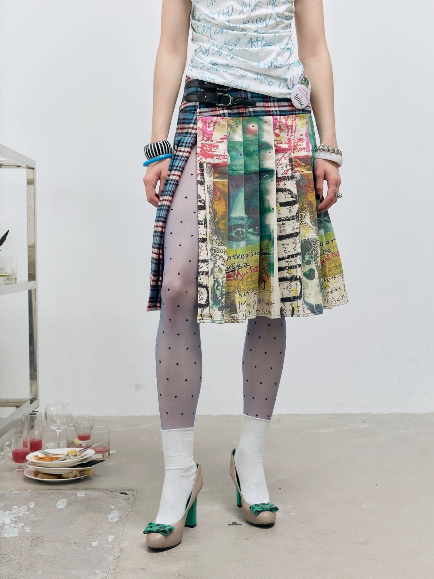 FULLTIDE Distressed Pleated Asymmetric Aline Low Waist Women Navy Plaid Cotton Midi Skirt