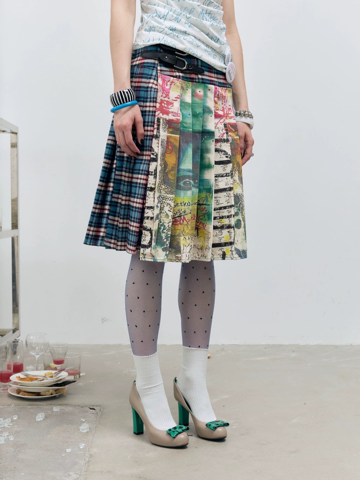 FULLTIDE Distressed Pleated Asymmetric Aline Low Waist Women Navy Plaid Cotton Midi Skirt