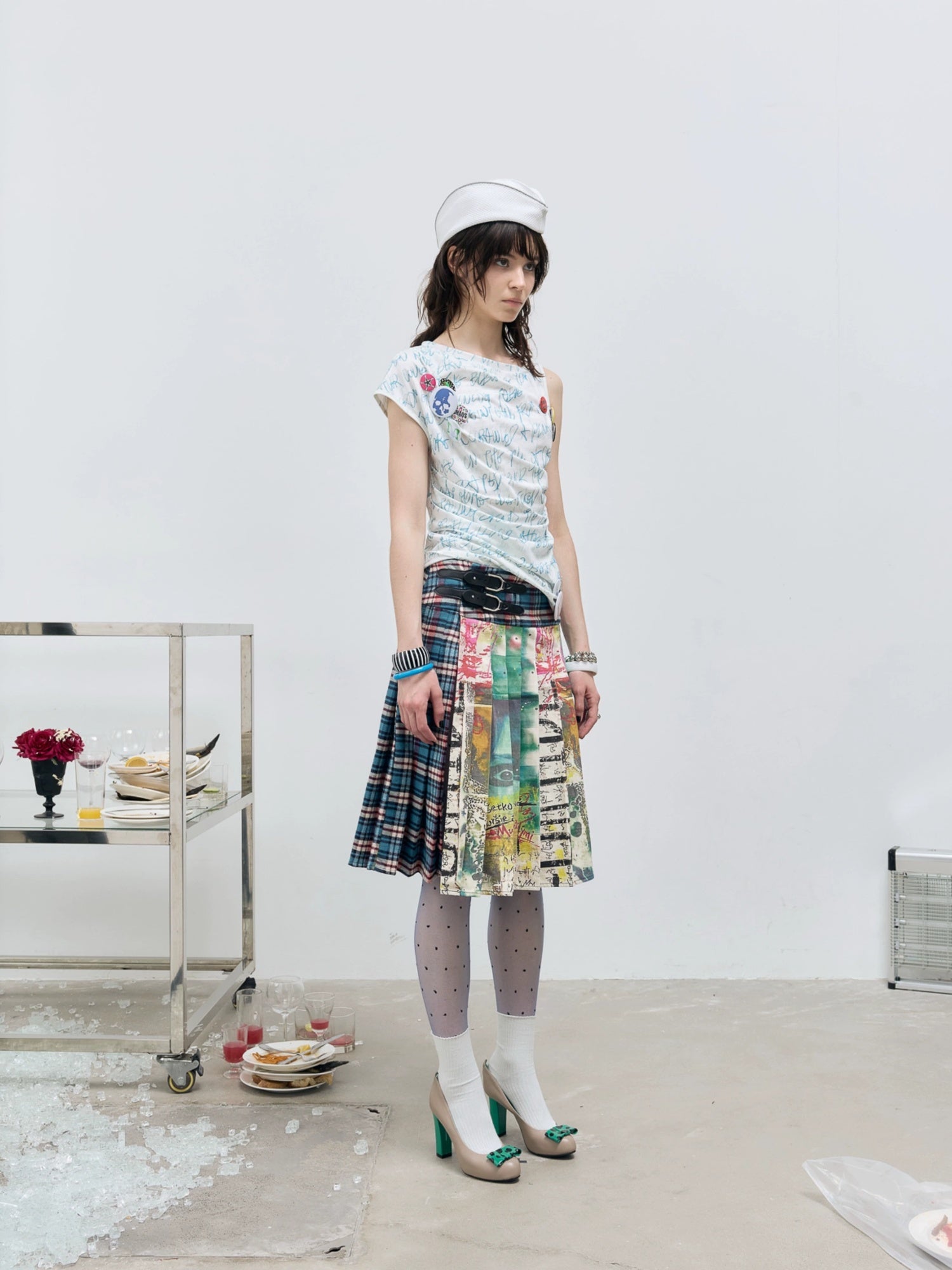 FULLTIDE Distressed Pleated Asymmetric Aline Low Waist Women Navy Plaid Cotton Midi Skirt