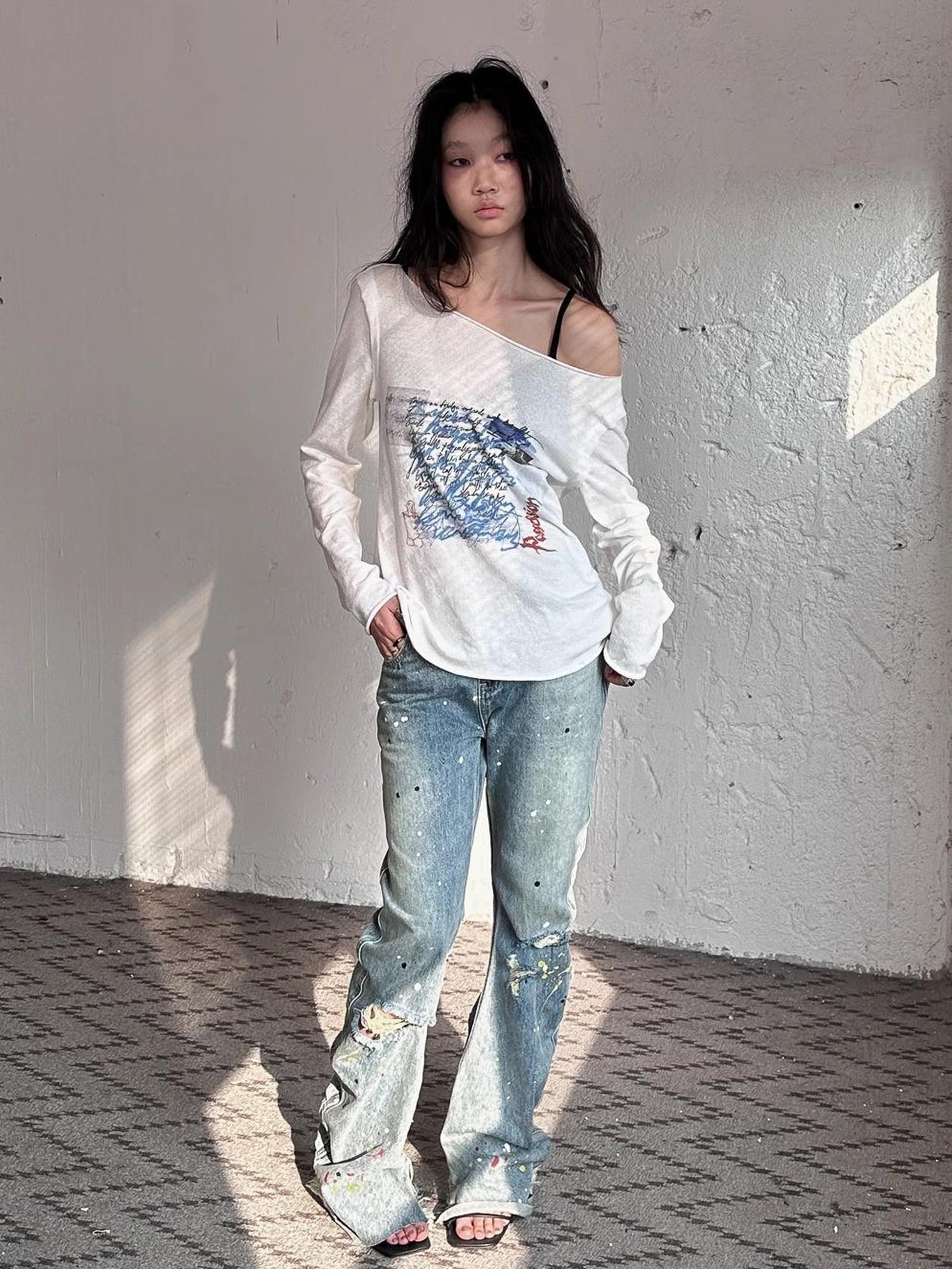 FULLTIDE Durable Cotton Stretch Denim Natural Waist Wide Leg Light Blue Zipper Pants