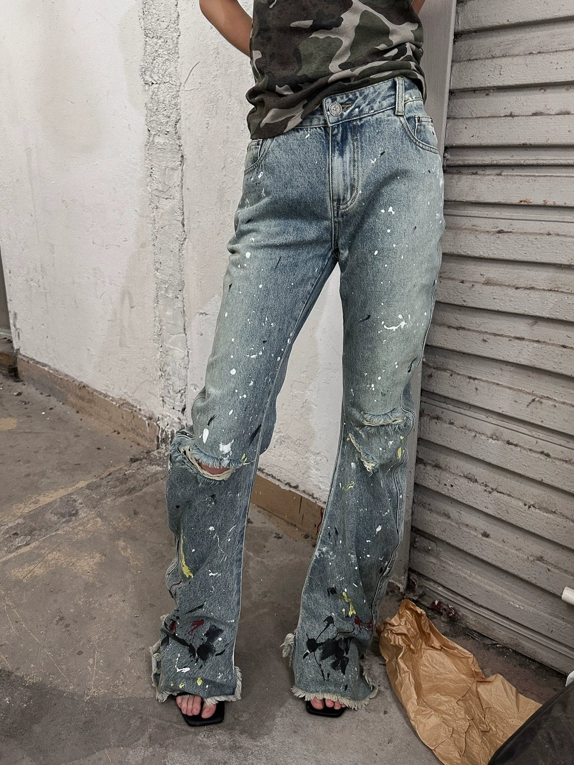 FULLTIDE Durable Cotton Stretch Denim Natural Waist Wide Leg Light Blue Zipper Pants