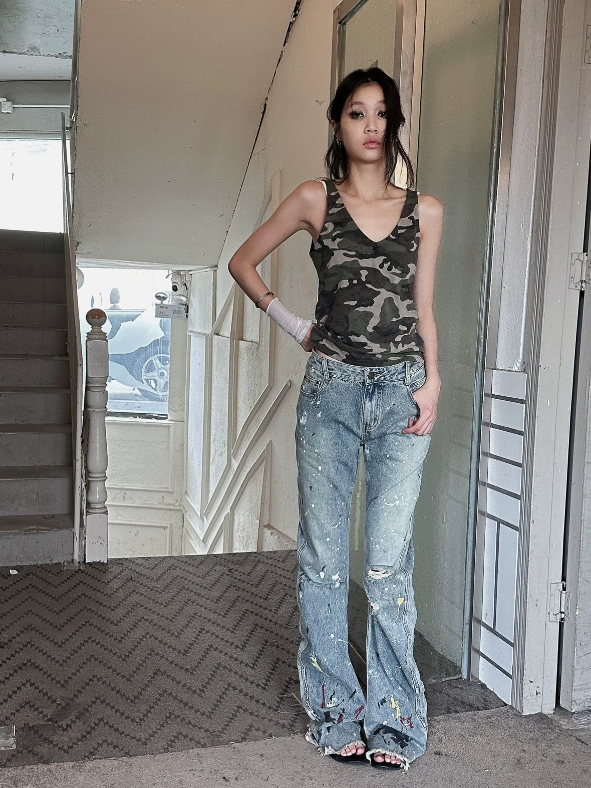 FULLTIDE Durable Cotton Stretch Denim Natural Waist Wide Leg Light Blue Zipper Pants