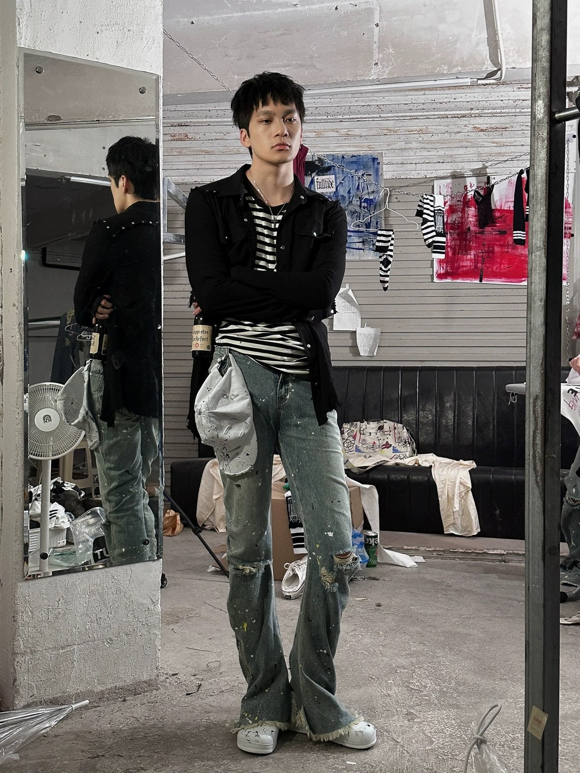 FULLTIDE Durable Cotton Stretch Denim Natural Waist Wide Leg Light Blue Zipper Pants