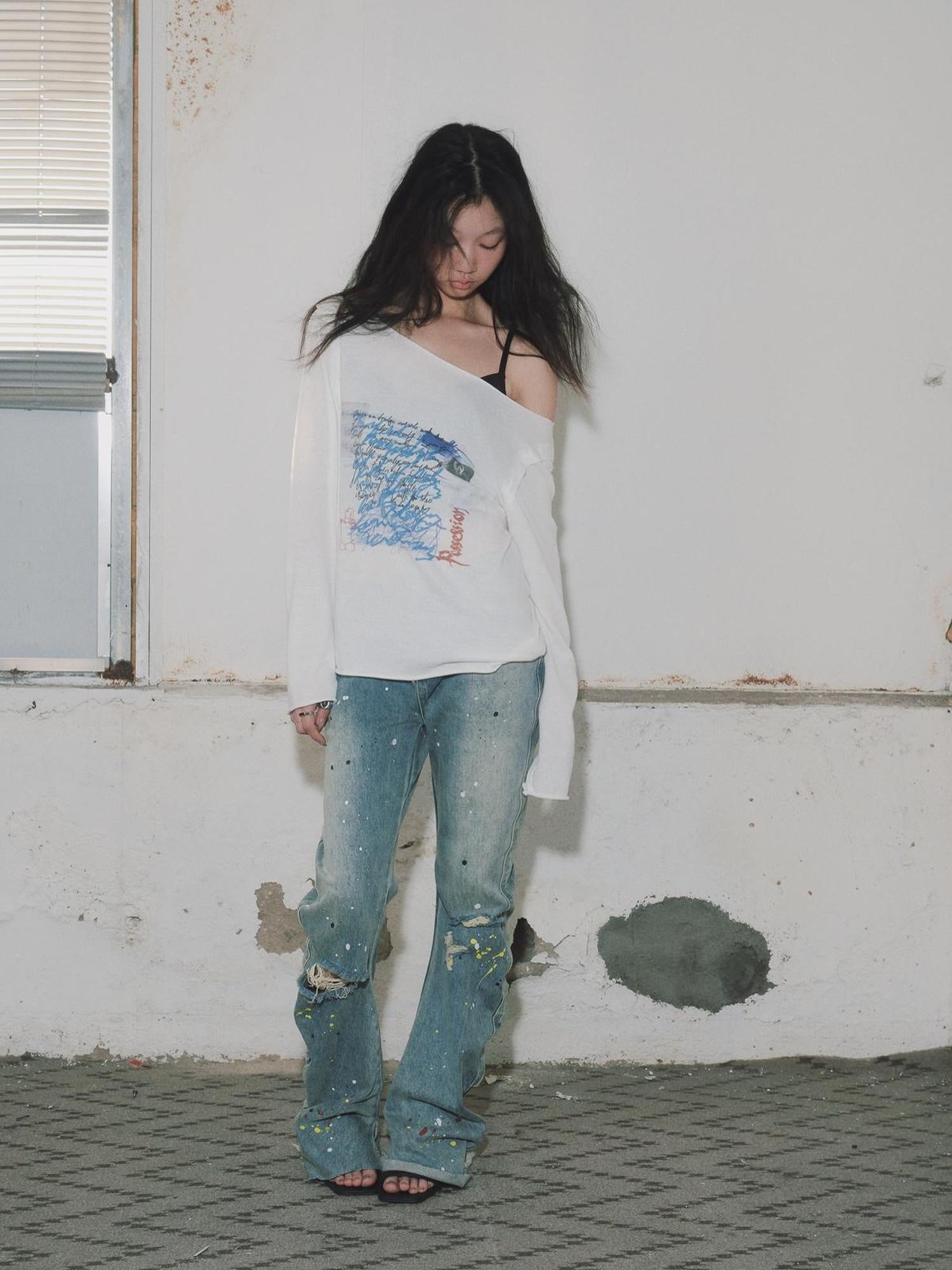 FULLTIDE Durable Cotton Stretch Denim Natural Waist Wide Leg Light Blue Zipper Pants