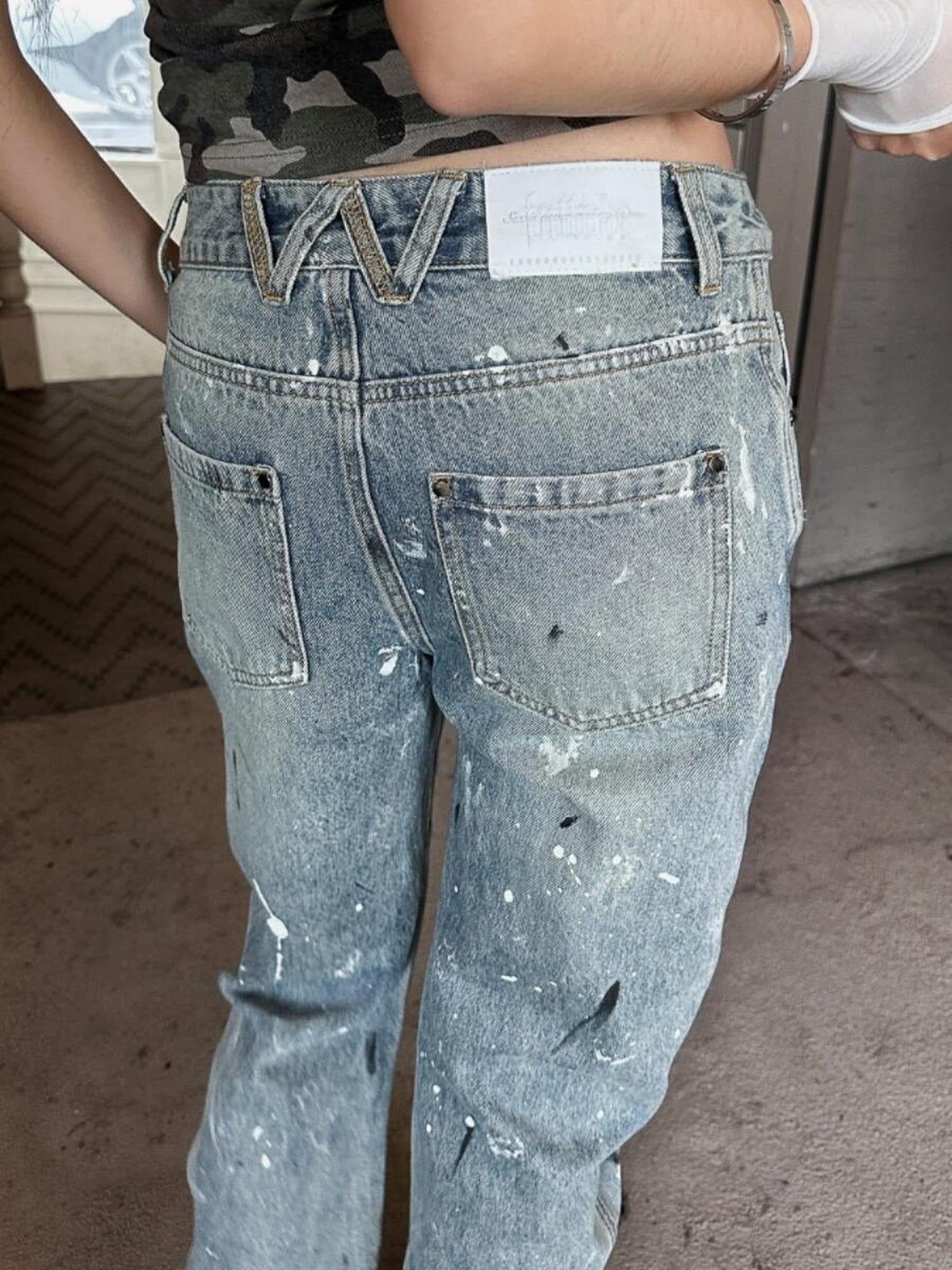 FULLTIDE Durable Cotton Stretch Denim Natural Waist Wide Leg Light Blue Zipper Pants