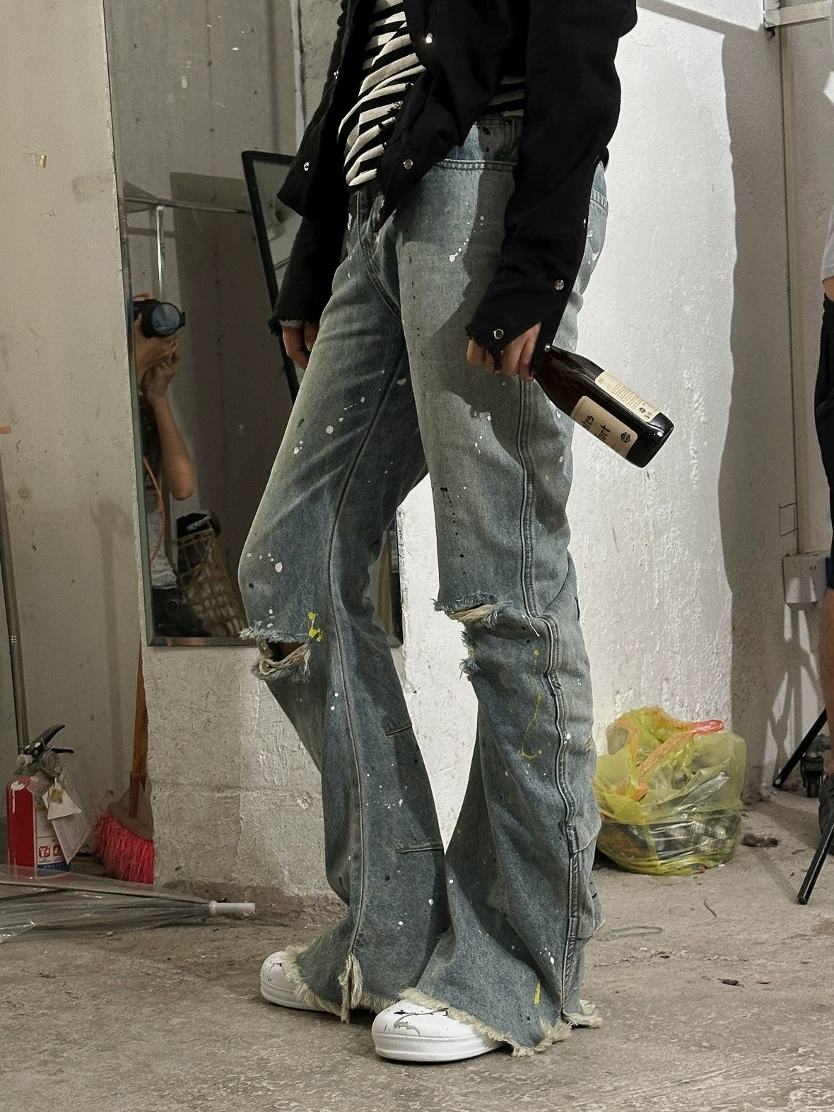 FULLTIDE Durable Cotton Stretch Denim Natural Waist Wide Leg Light Blue Zipper Pants