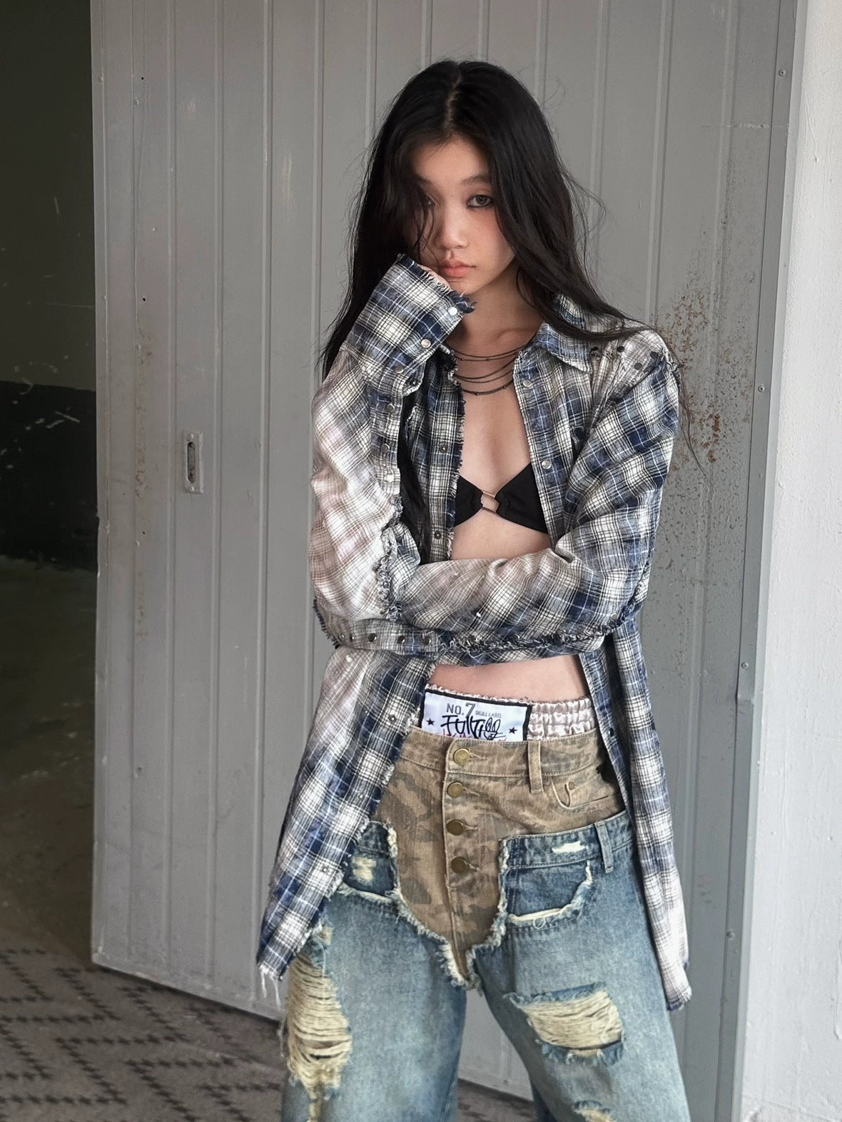 FULLTIDE Durable Deconstructed Patchwork Low Waist Ripped Camo Denim Relaxed Button Jeans