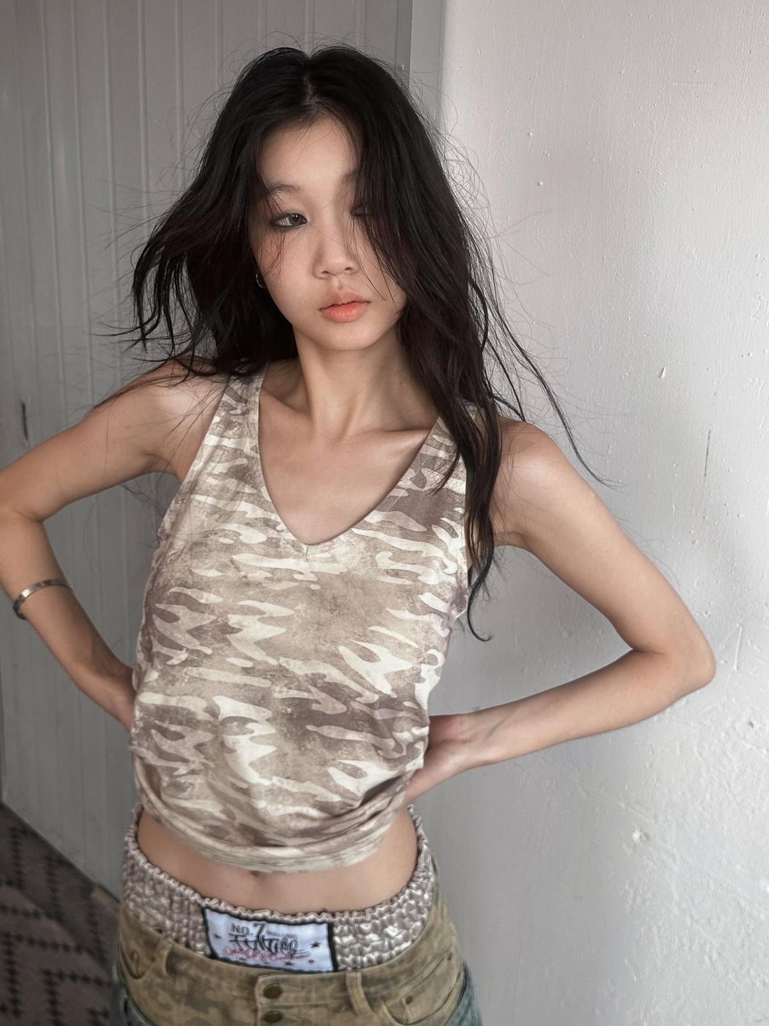 FULLTIDE Embroidered Printed Street Slim Fit Strappy Women Cotton Olive Beige Tank Top